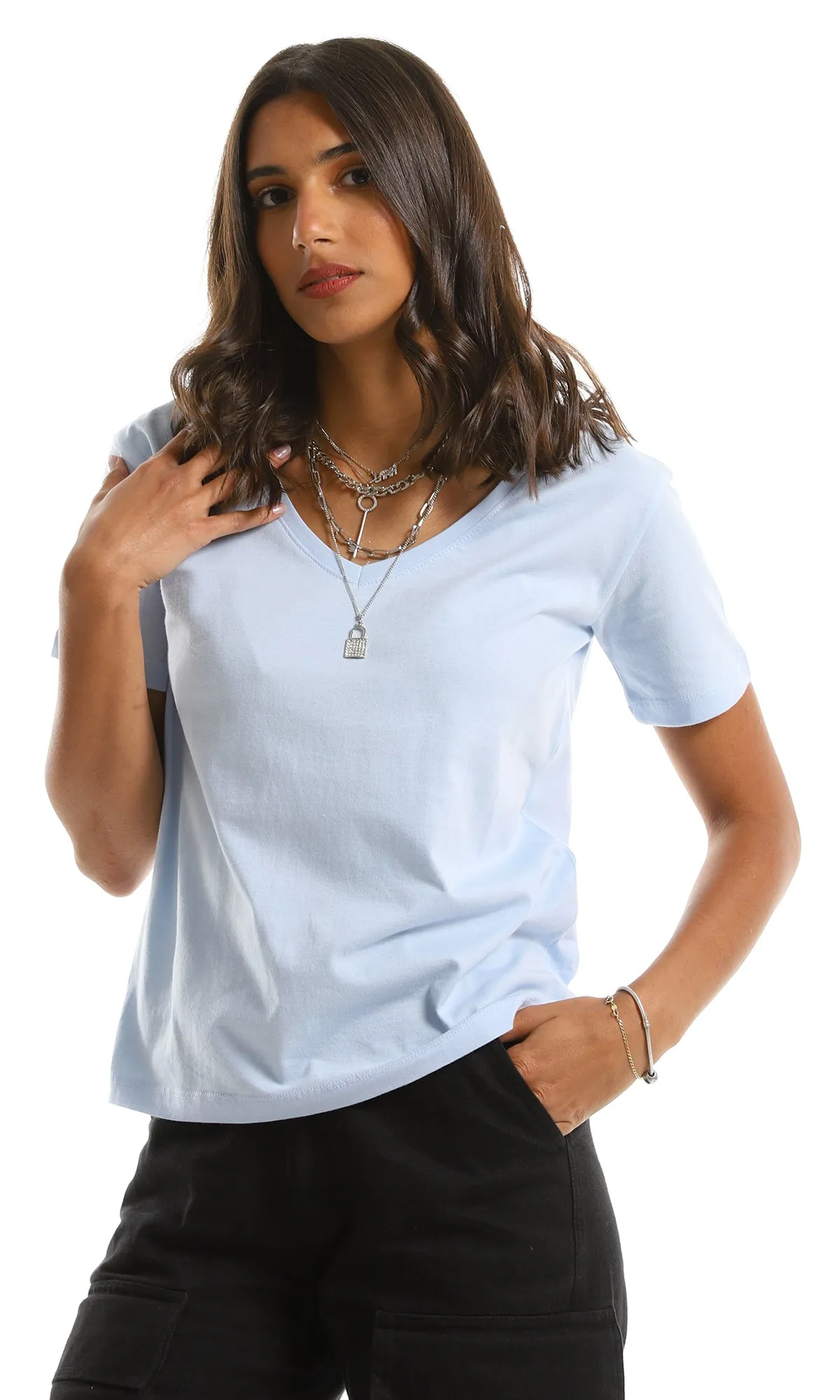 98294 Basic Everyday V-Neck Solid Summer Tee - Light Blue