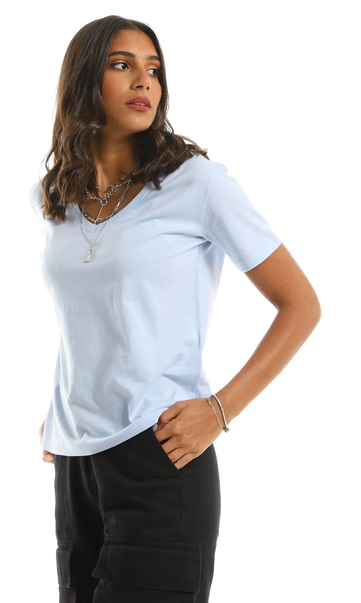 98294 Basic Everyday V-Neck Solid Summer Tee - Light Blue