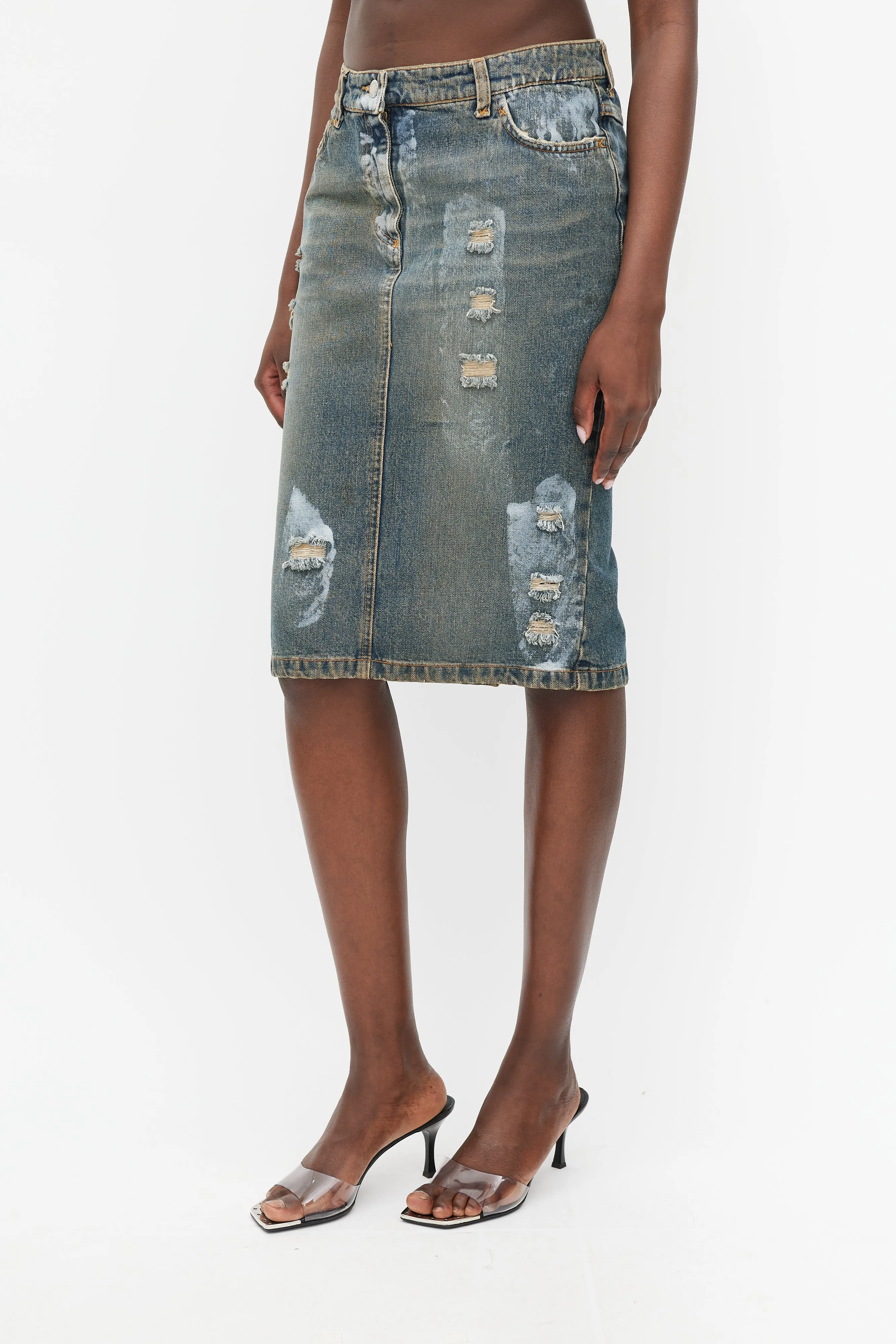 Blue Denim Wash Distressed Paint Skirt