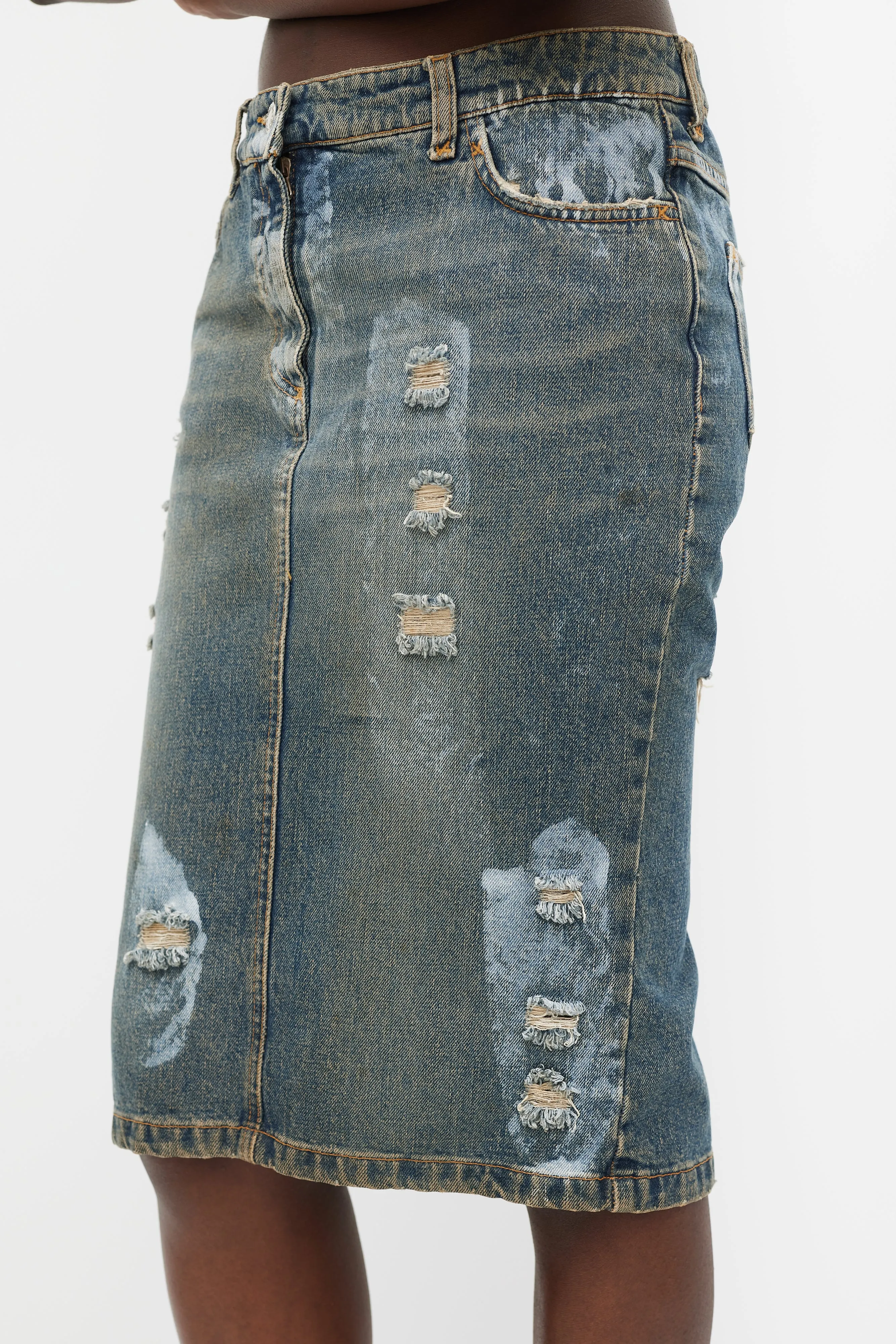 Blue Denim Wash Distressed Paint Skirt