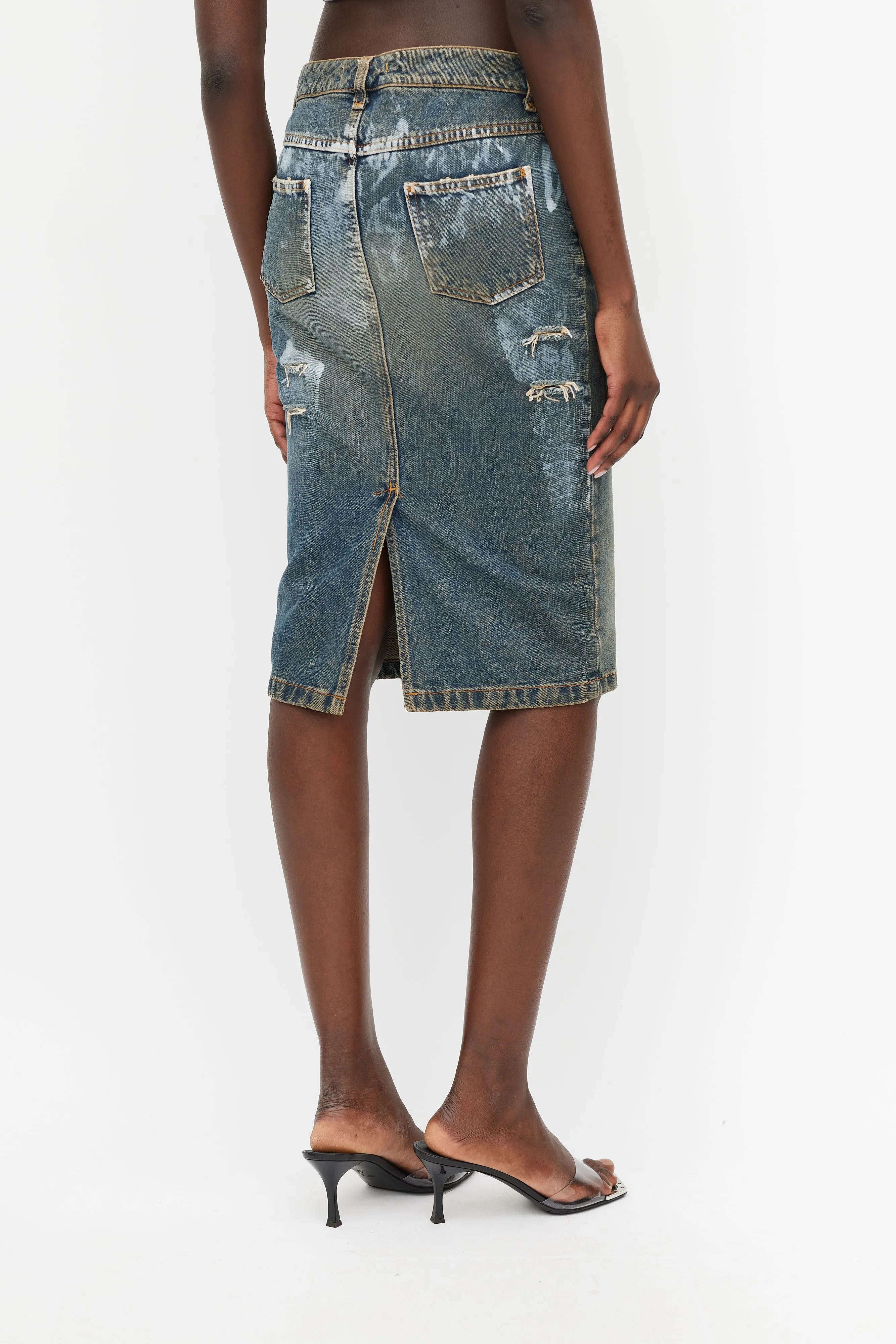 Blue Denim Wash Distressed Paint Skirt