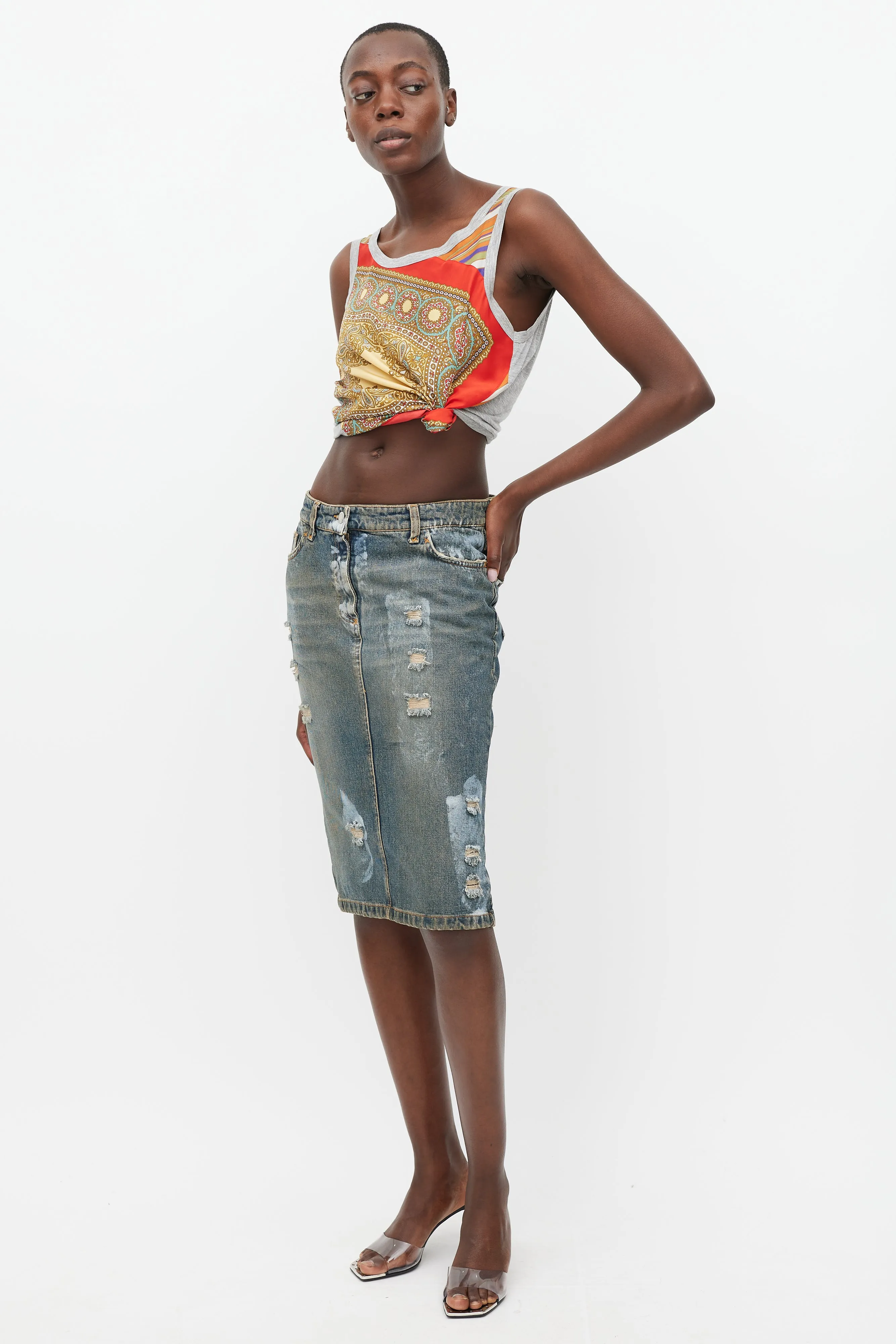 Blue Denim Wash Distressed Paint Skirt
