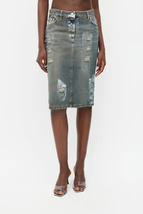 Blue Denim Wash Distressed Paint Skirt