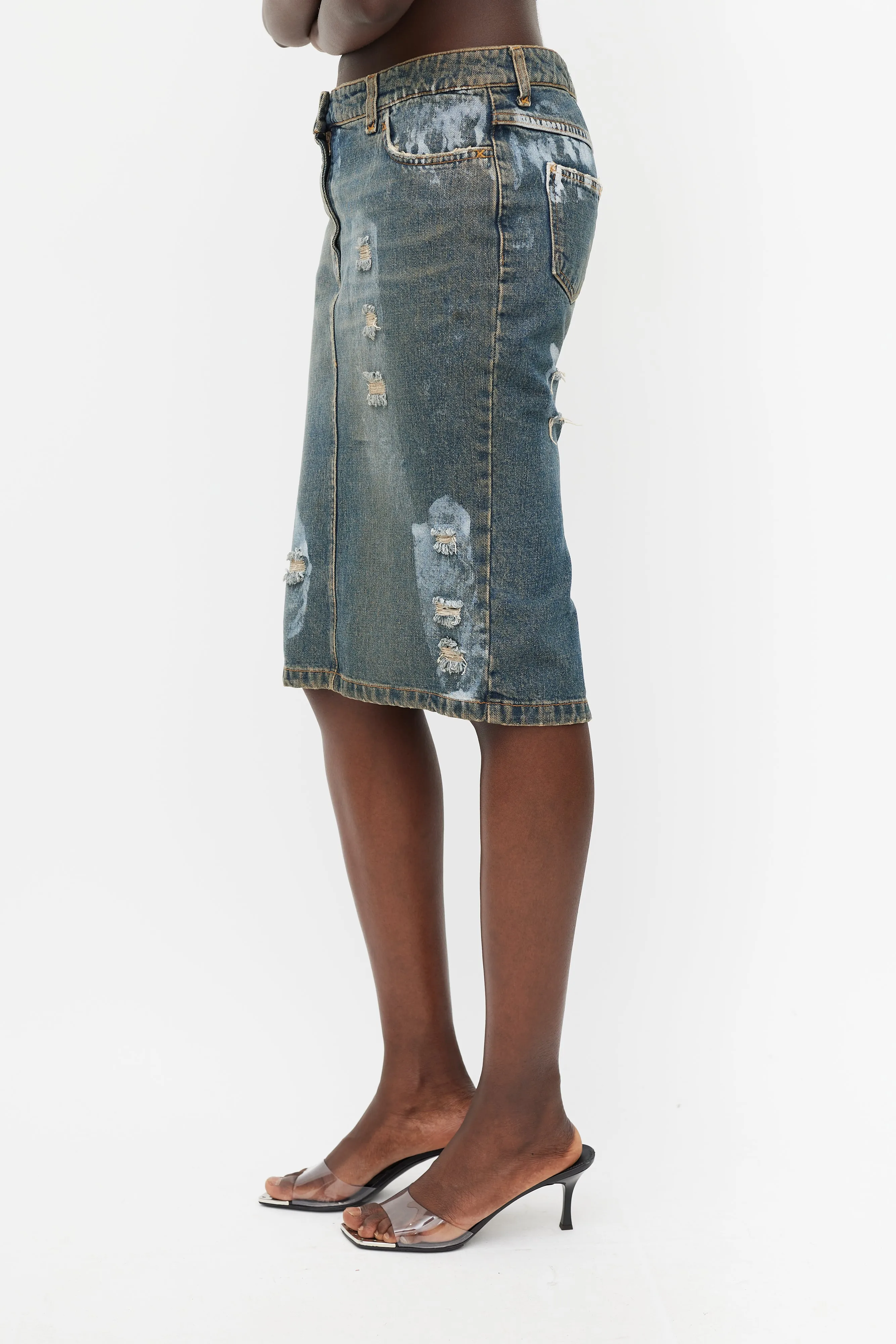 Blue Denim Wash Distressed Paint Skirt