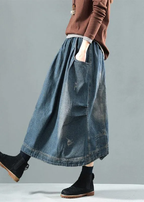Blue-Pearl Pockets Retro Patchwork Skirts Denim