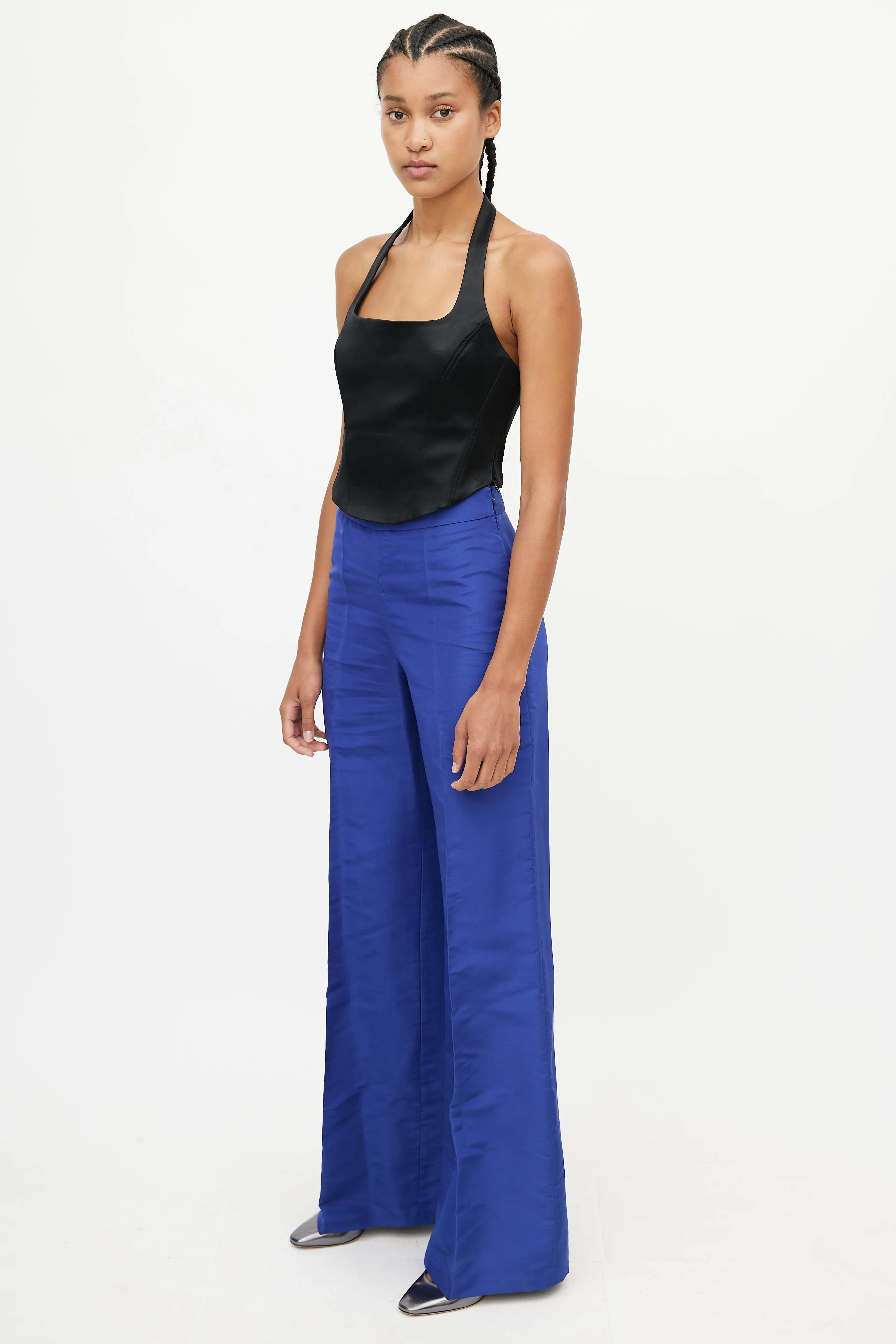 Blue Satin Pleated Wide Leg Trouser