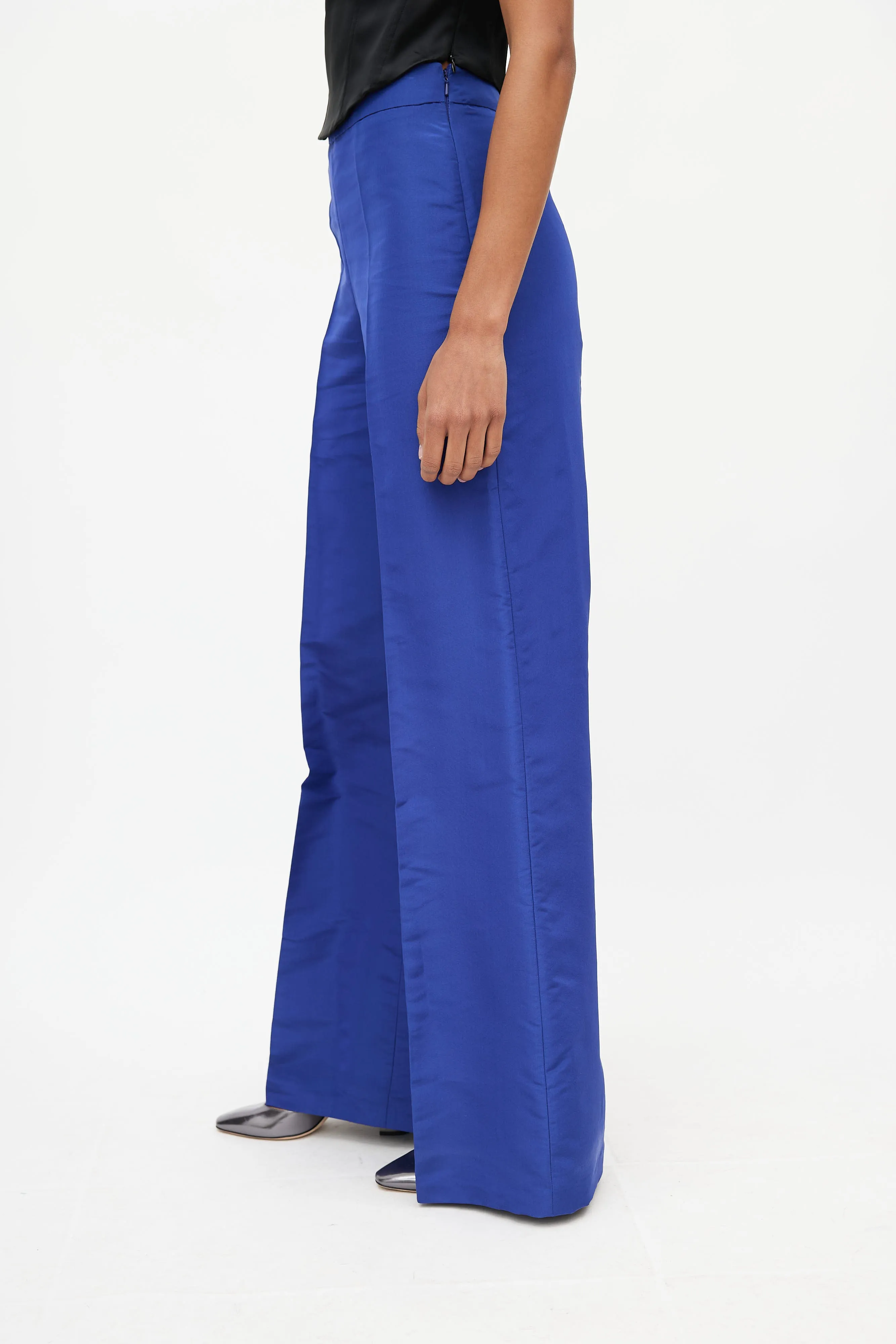 Blue Satin Pleated Wide Leg Trouser