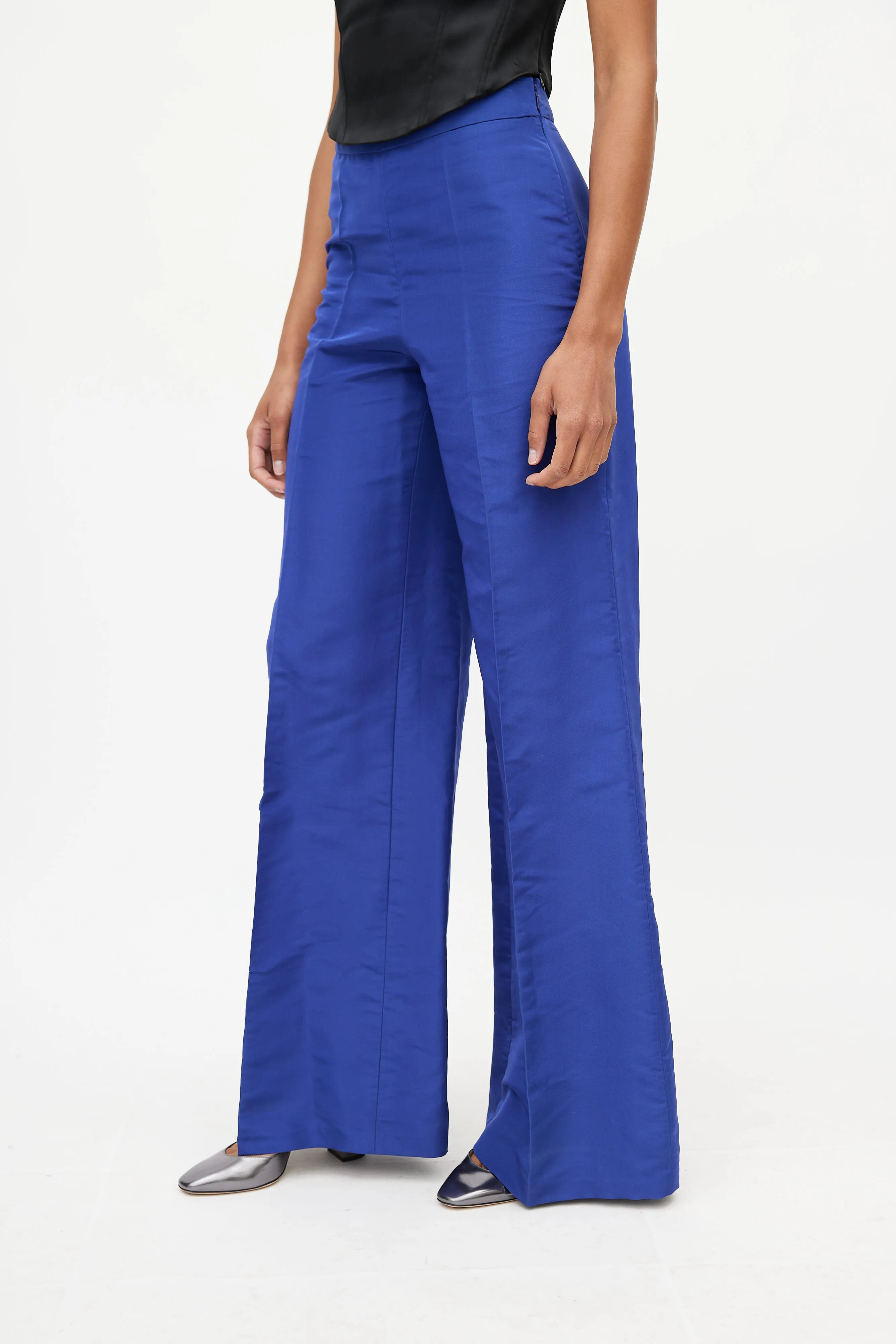 Blue Satin Pleated Wide Leg Trouser