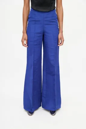 Blue Satin Pleated Wide Leg Trouser