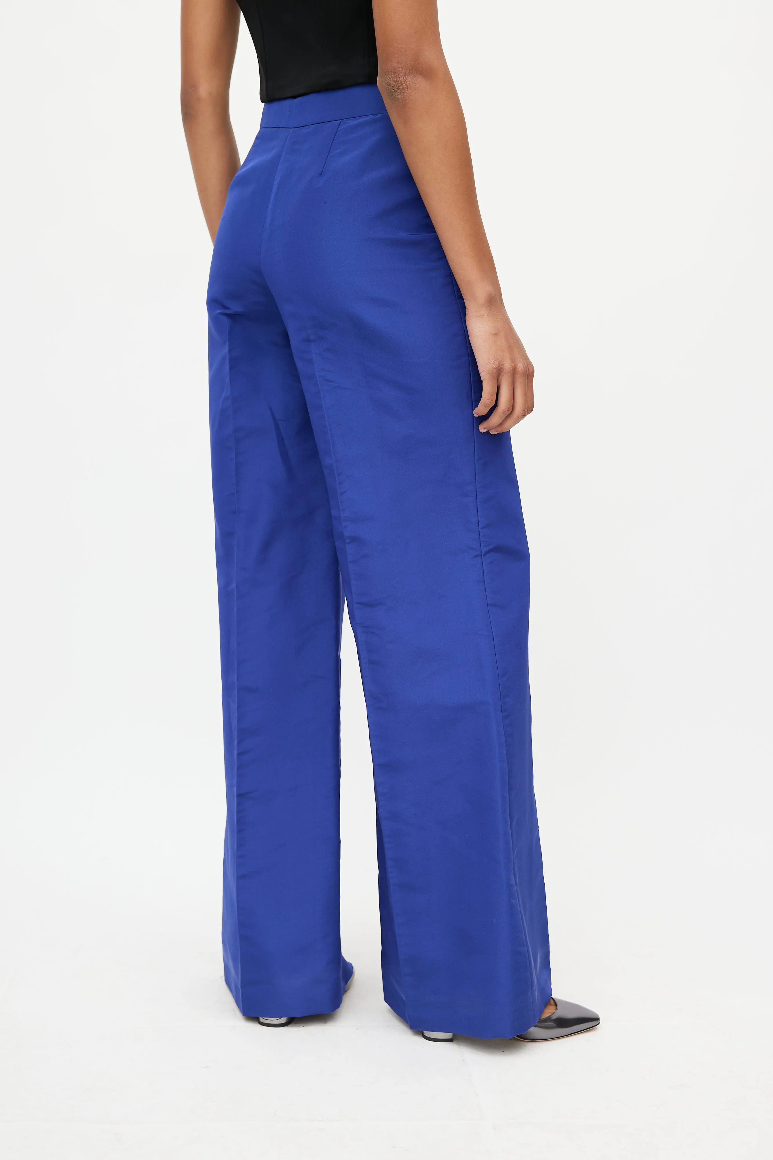 Blue Satin Pleated Wide Leg Trouser