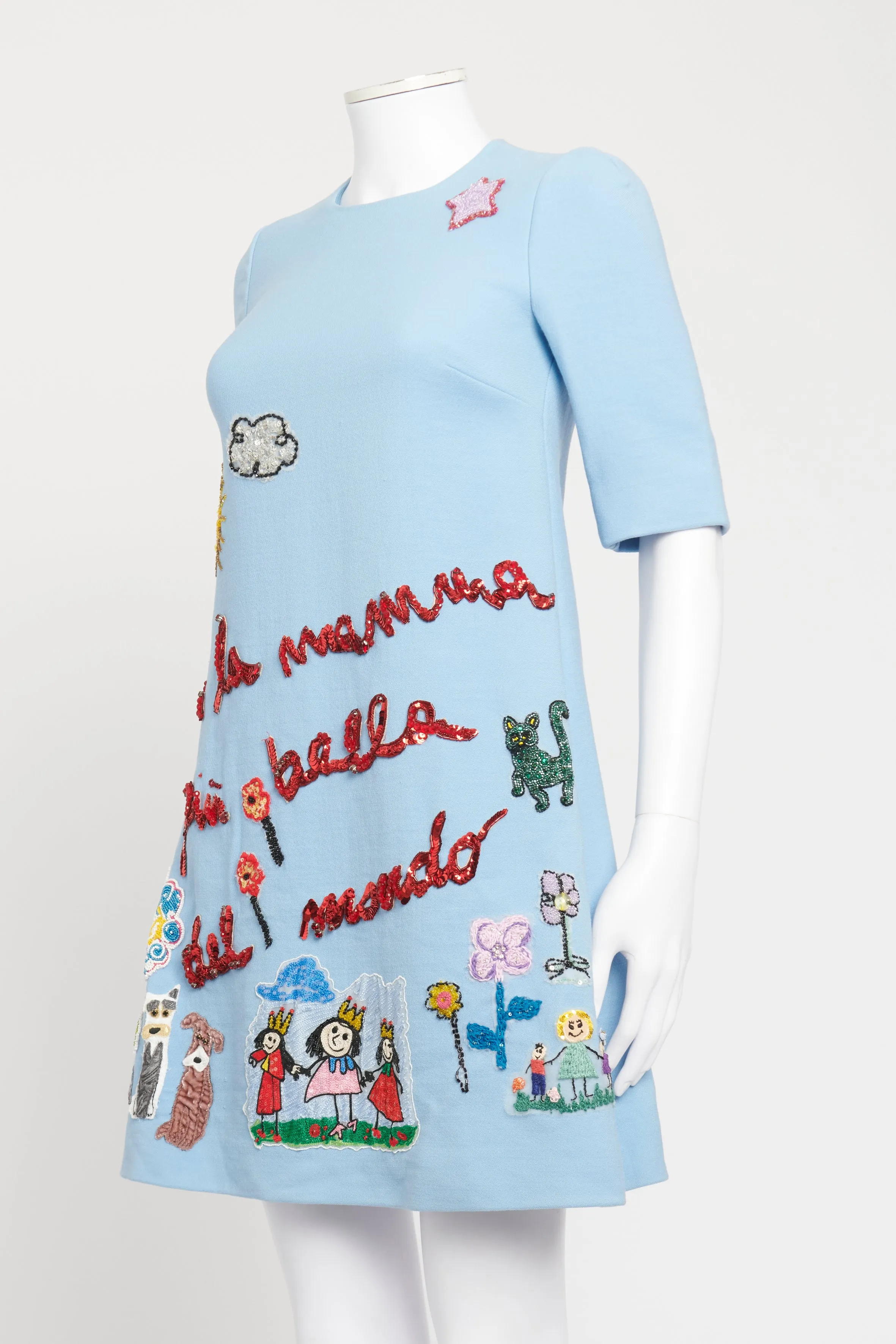 Blue Wool Sequin Embroidered Preowned Shift dress