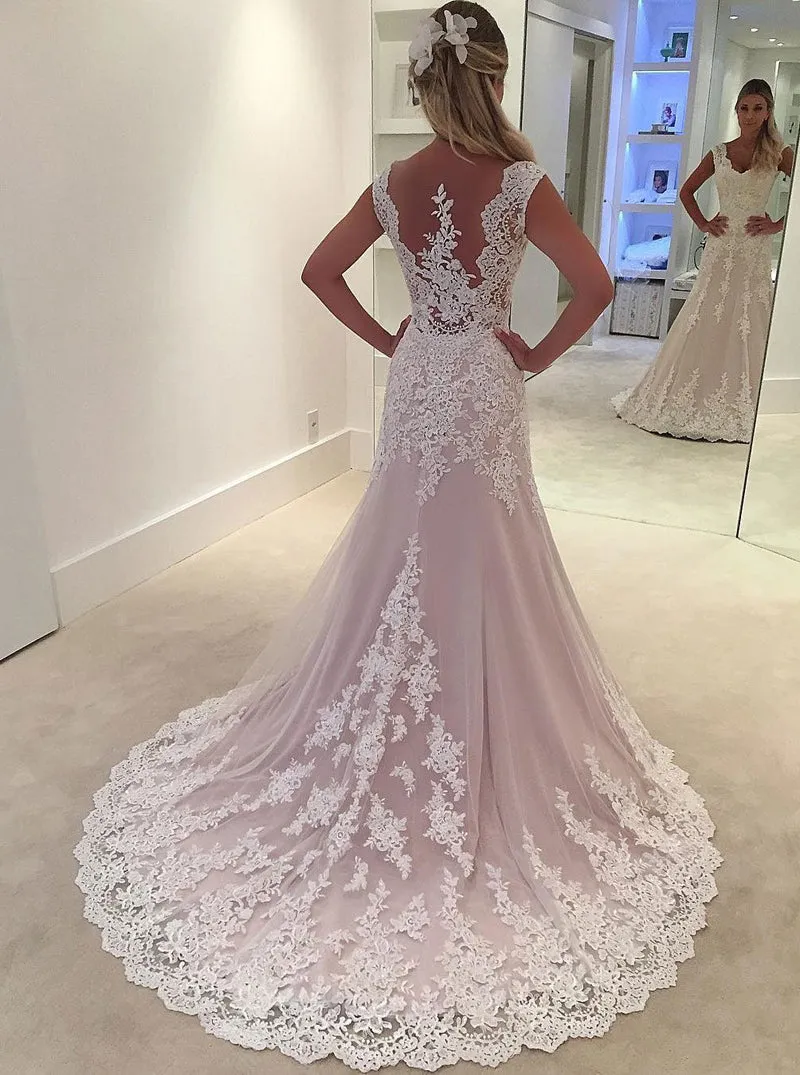 Blush Wedding Dresses,Aline Wedding Dress,Lace Bridal Dress,Elegant Bridal Dress,WD00167