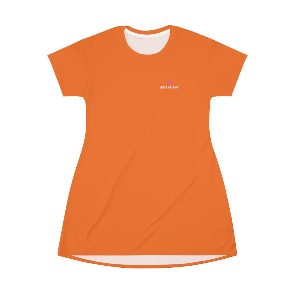 Bright Orange T-Shirt Dress, Solid Color Crewneck Long Tee Shirt Dress For Women - Made in USA