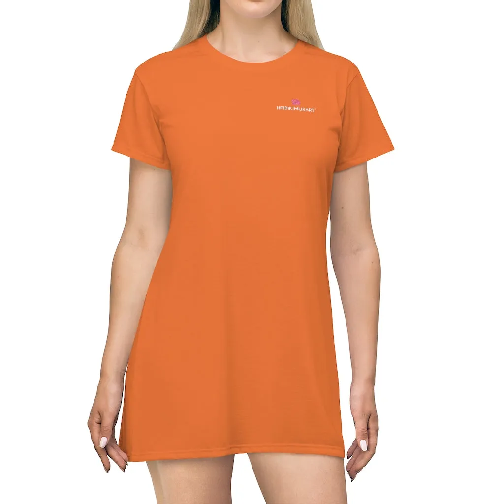 Bright Orange T-Shirt Dress, Solid Color Crewneck Long Tee Shirt Dress For Women - Made in USA
