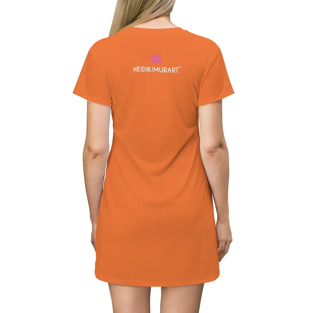 Bright Orange T-Shirt Dress, Solid Color Crewneck Long Tee Shirt Dress For Women - Made in USA