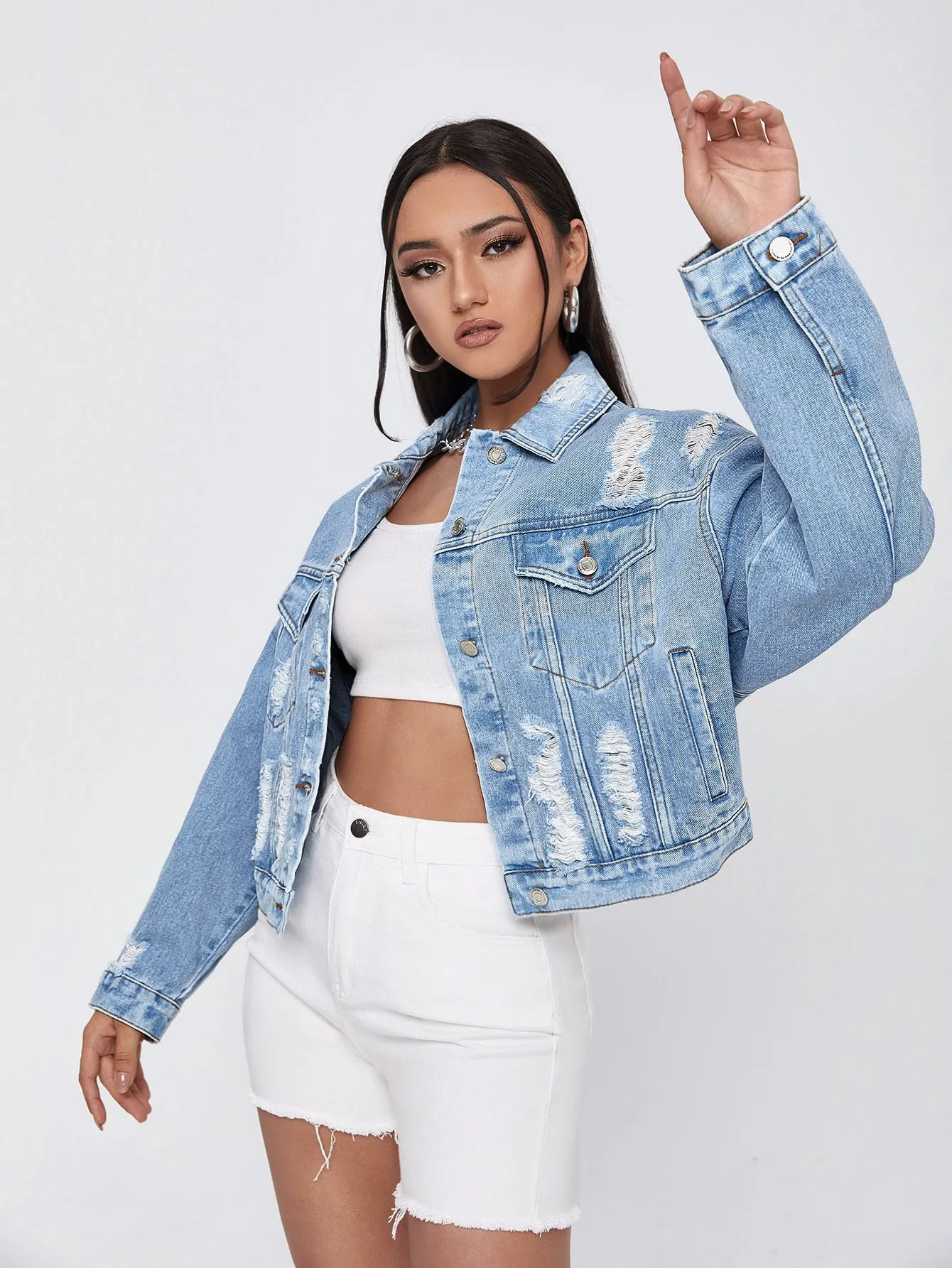 Casual Plain Button Front Long Sleeve Collar Regular Women Denim Jacket & Coat