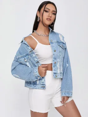 Casual Plain Button Front Long Sleeve Collar Regular Women Denim Jacket & Coat