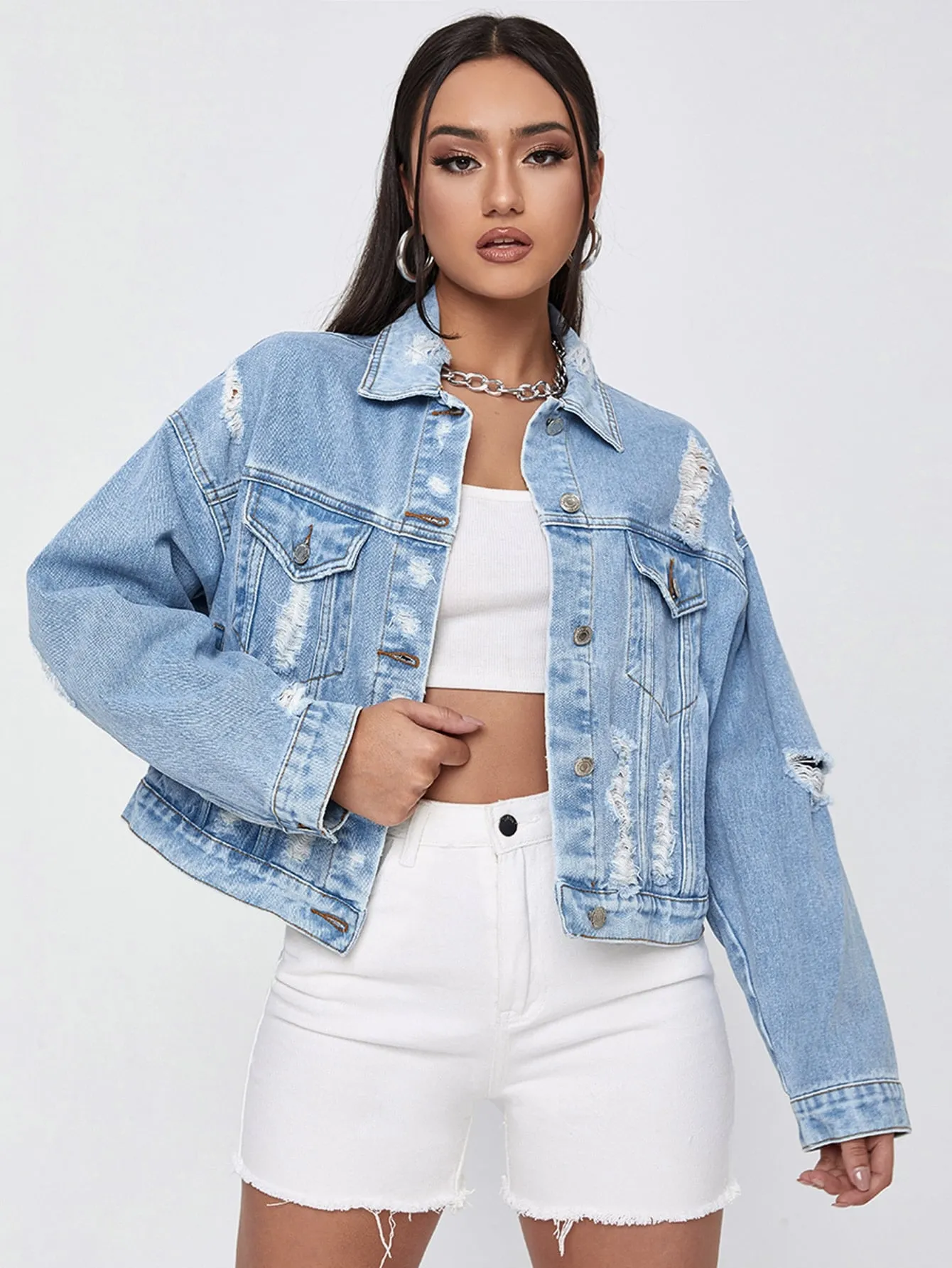 Casual Plain Button Front Long Sleeve Collar Regular Women Denim Jacket & Coat