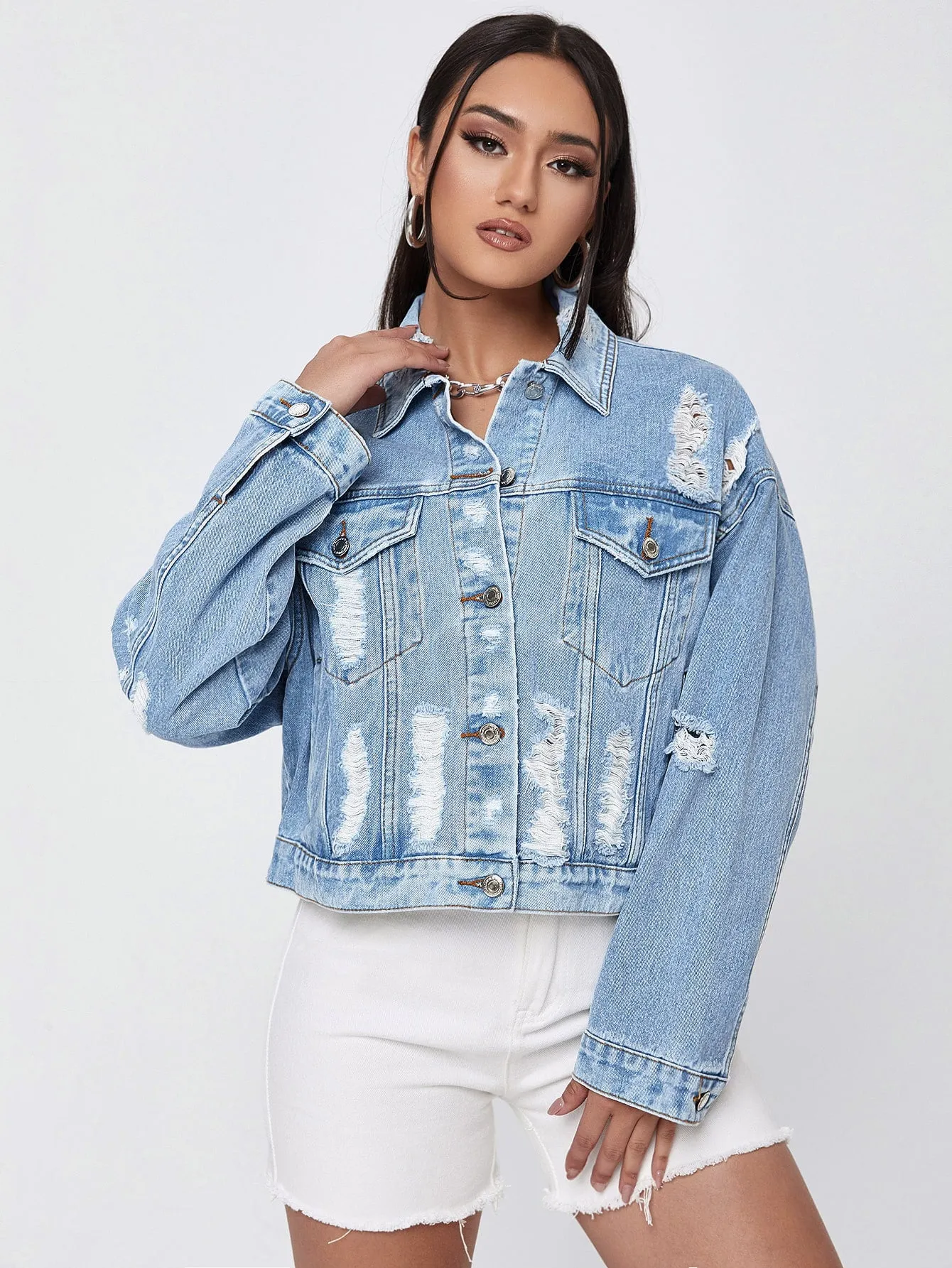 Casual Plain Button Front Long Sleeve Collar Regular Women Denim Jacket & Coat