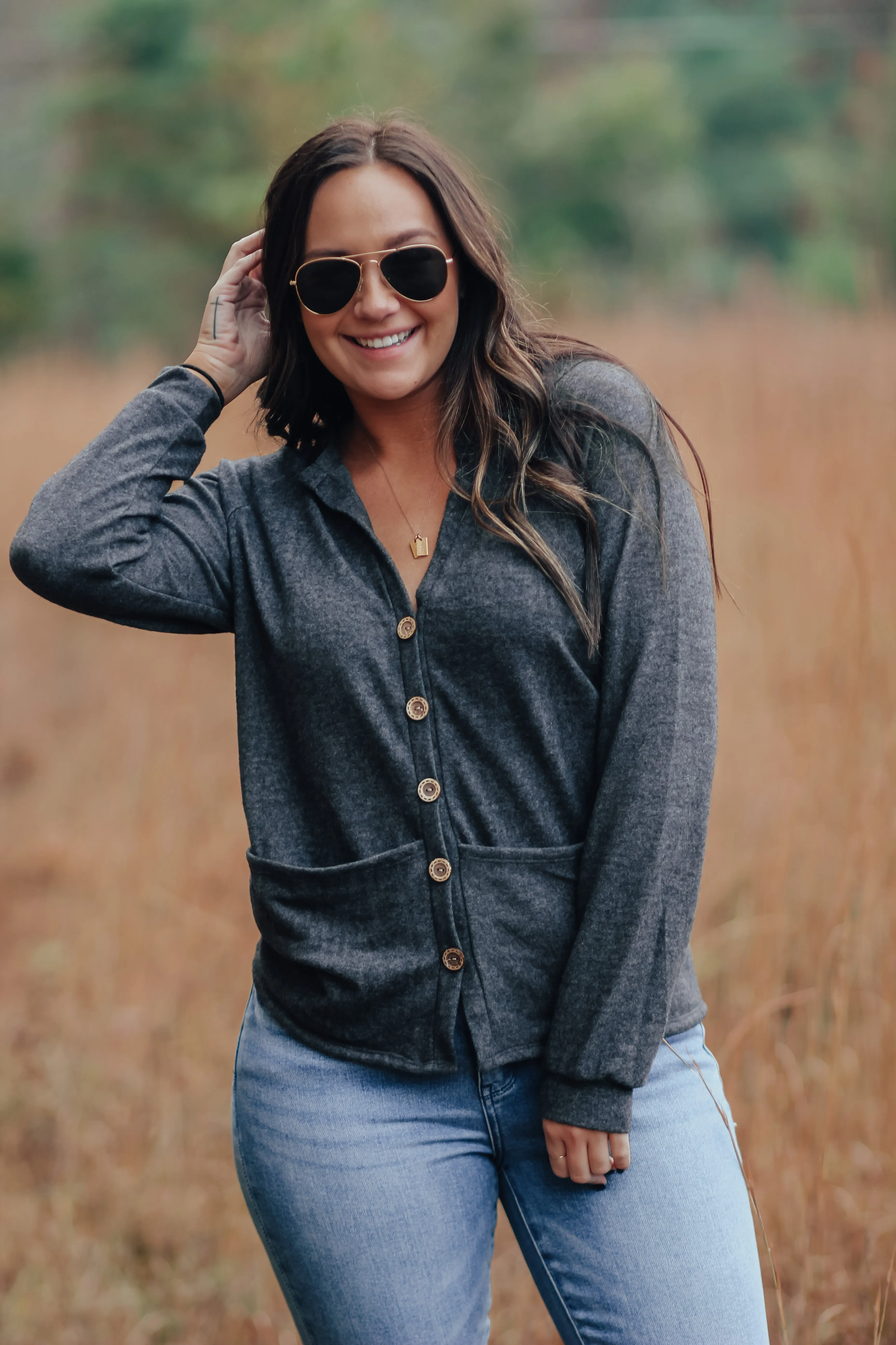 Charcoal Hacci Knit Button Down Cardigan