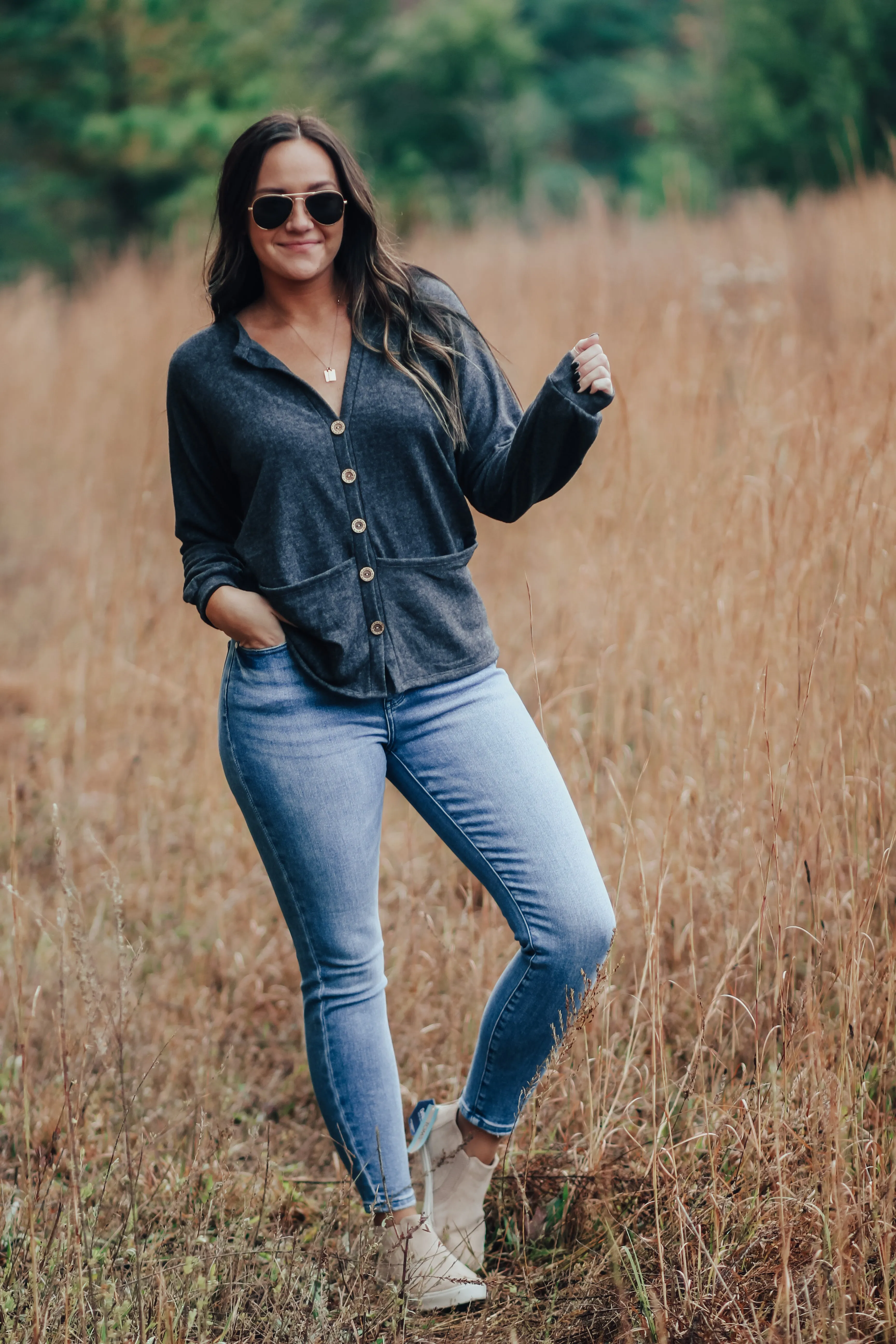 Charcoal Hacci Knit Button Down Cardigan
