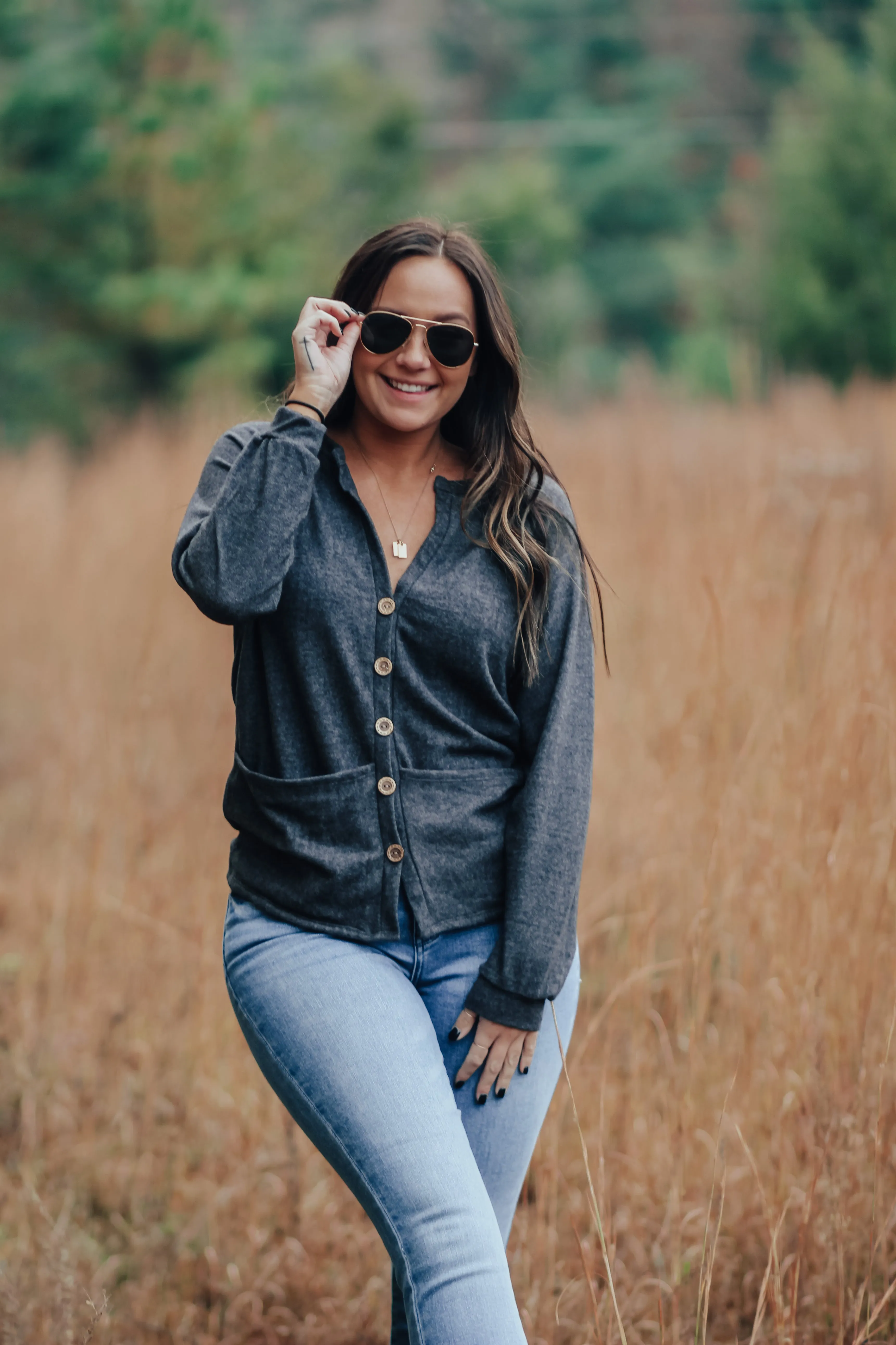 Charcoal Hacci Knit Button Down Cardigan