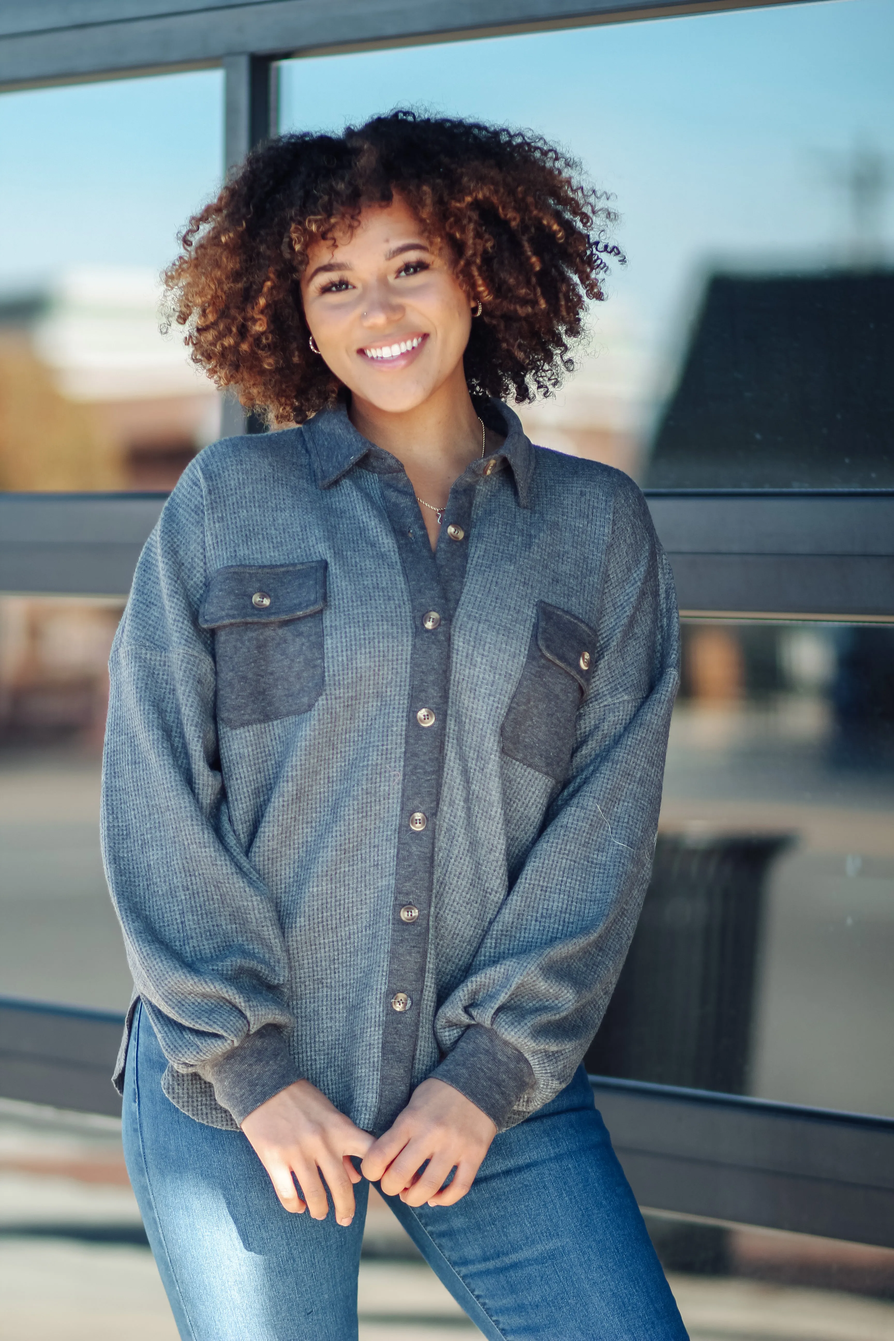 Charcoal Waffle Knit Contrast Button Down Top