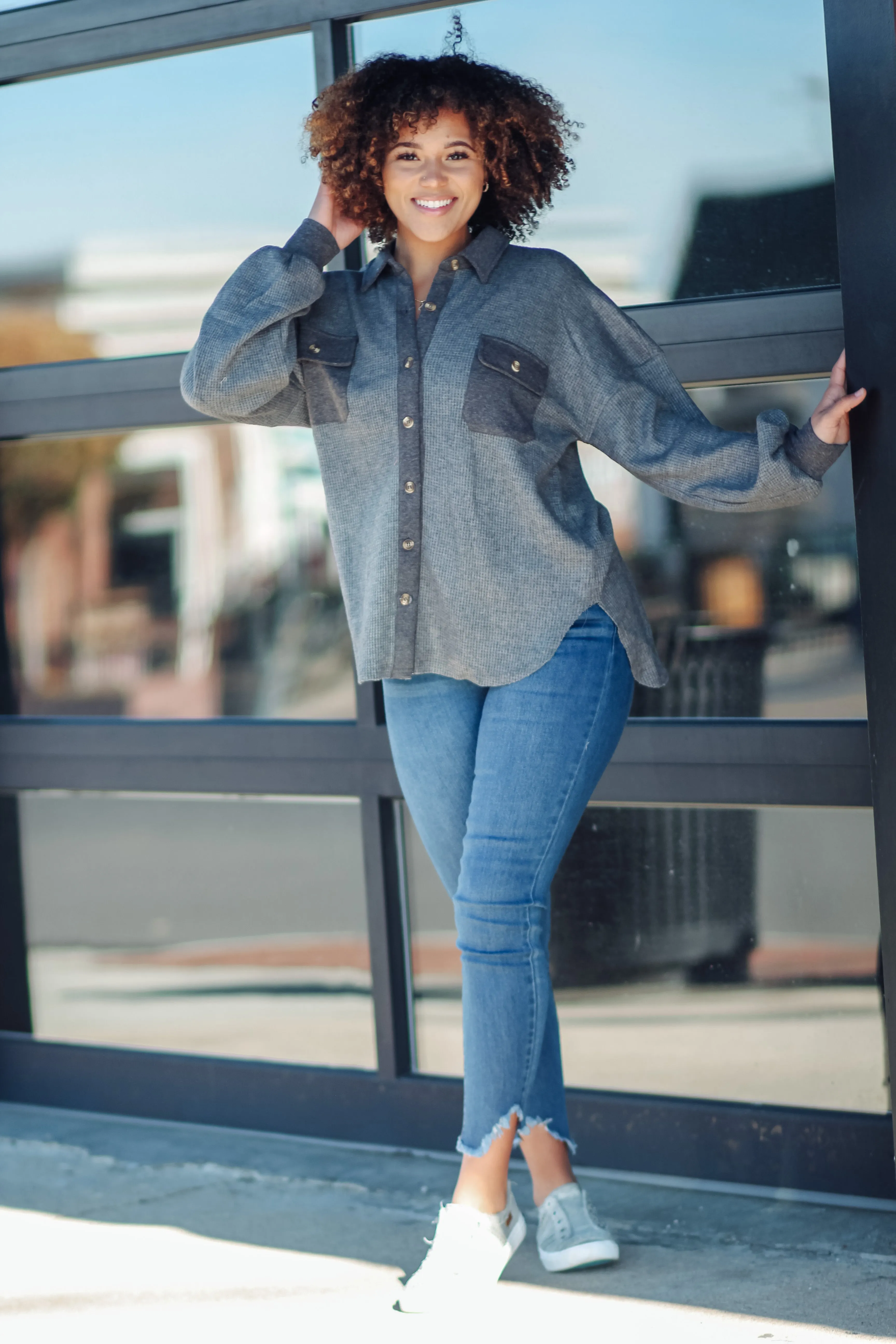 Charcoal Waffle Knit Contrast Button Down Top