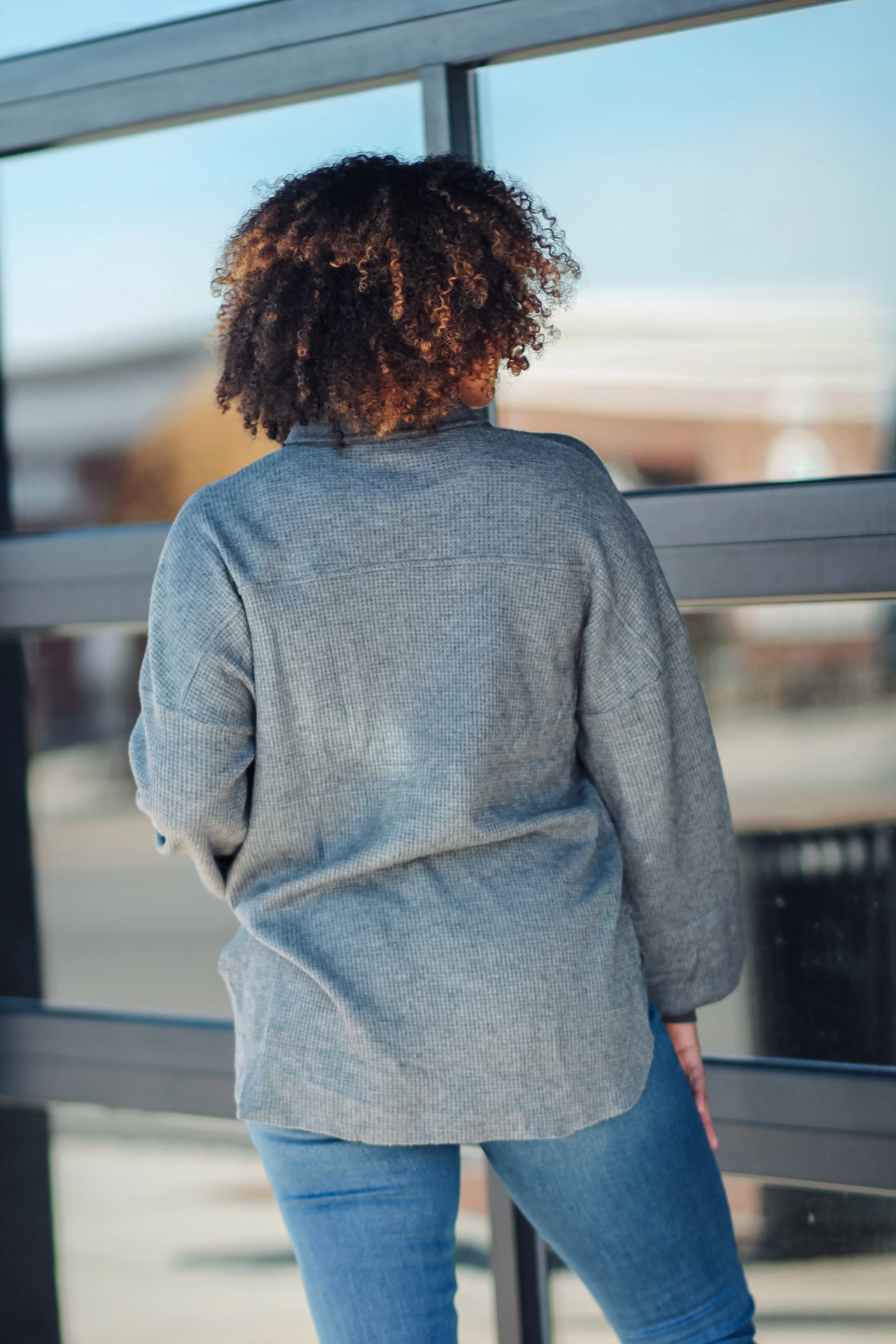 Charcoal Waffle Knit Contrast Button Down Top