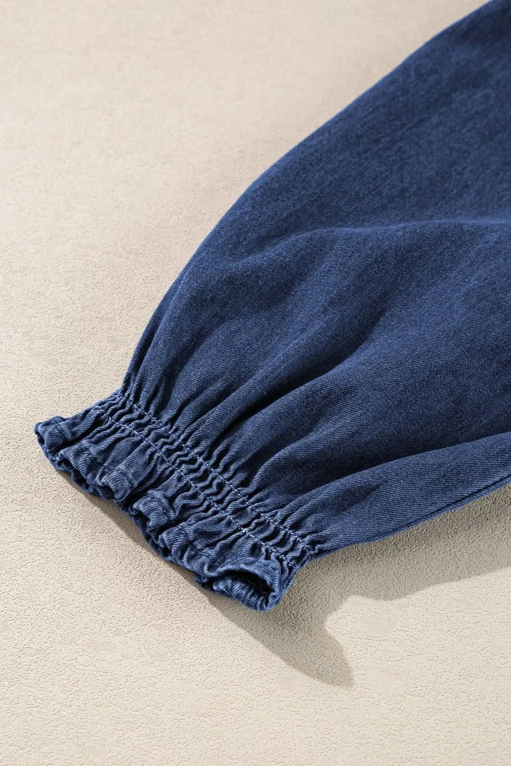 Chic dark blue puff sleeve denim top