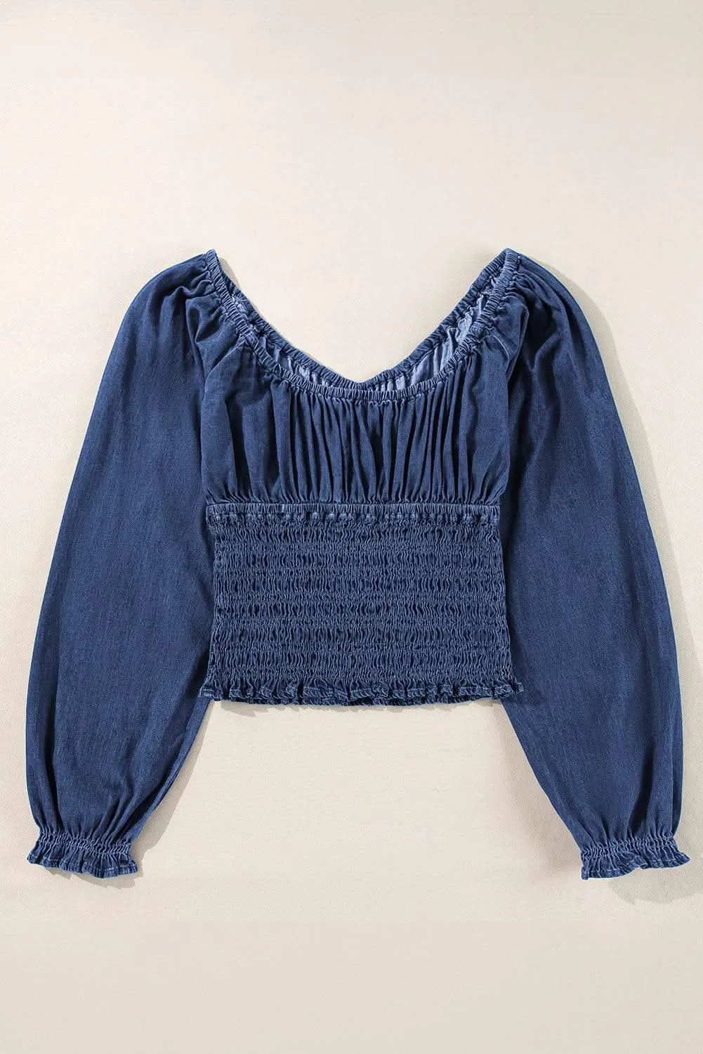Chic dark blue puff sleeve denim top