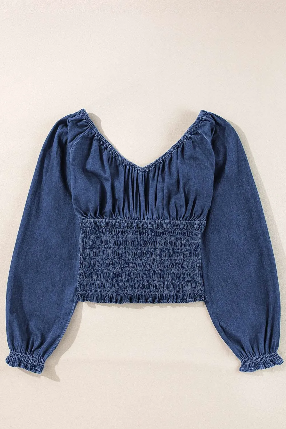 Chic dark blue puff sleeve denim top