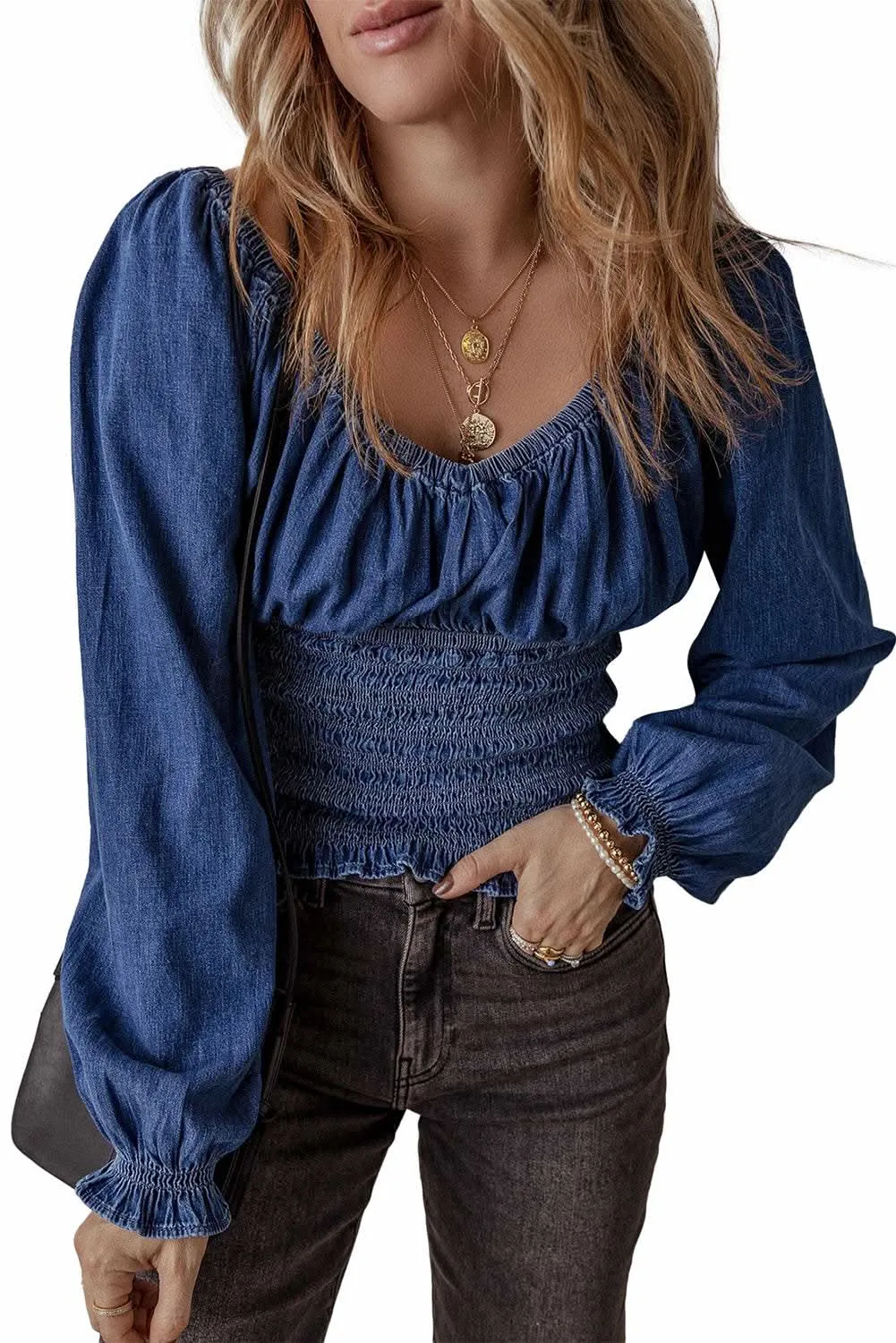 Chic dark blue puff sleeve denim top