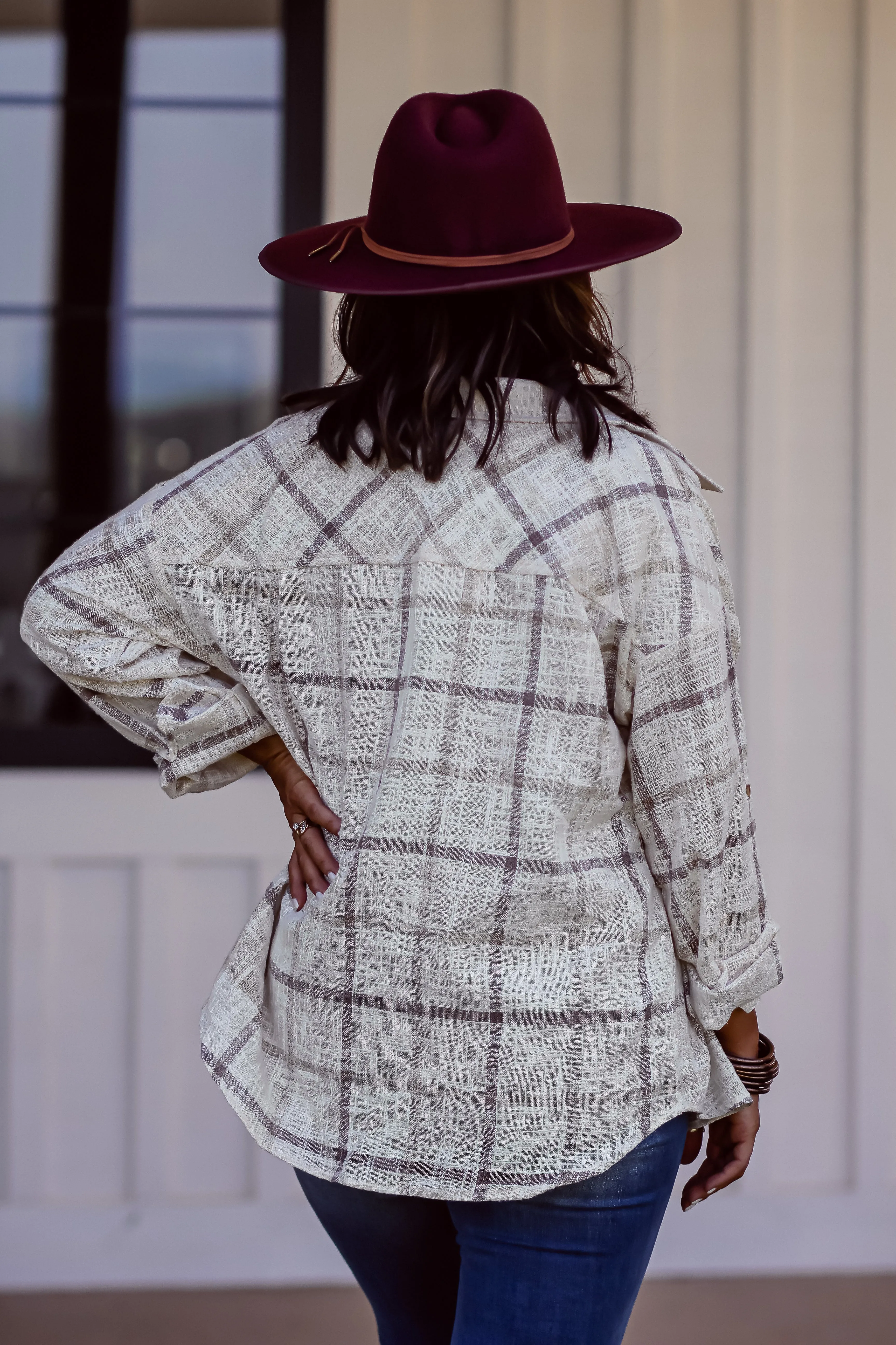 Cream & Mocha Plaid Button Down Top