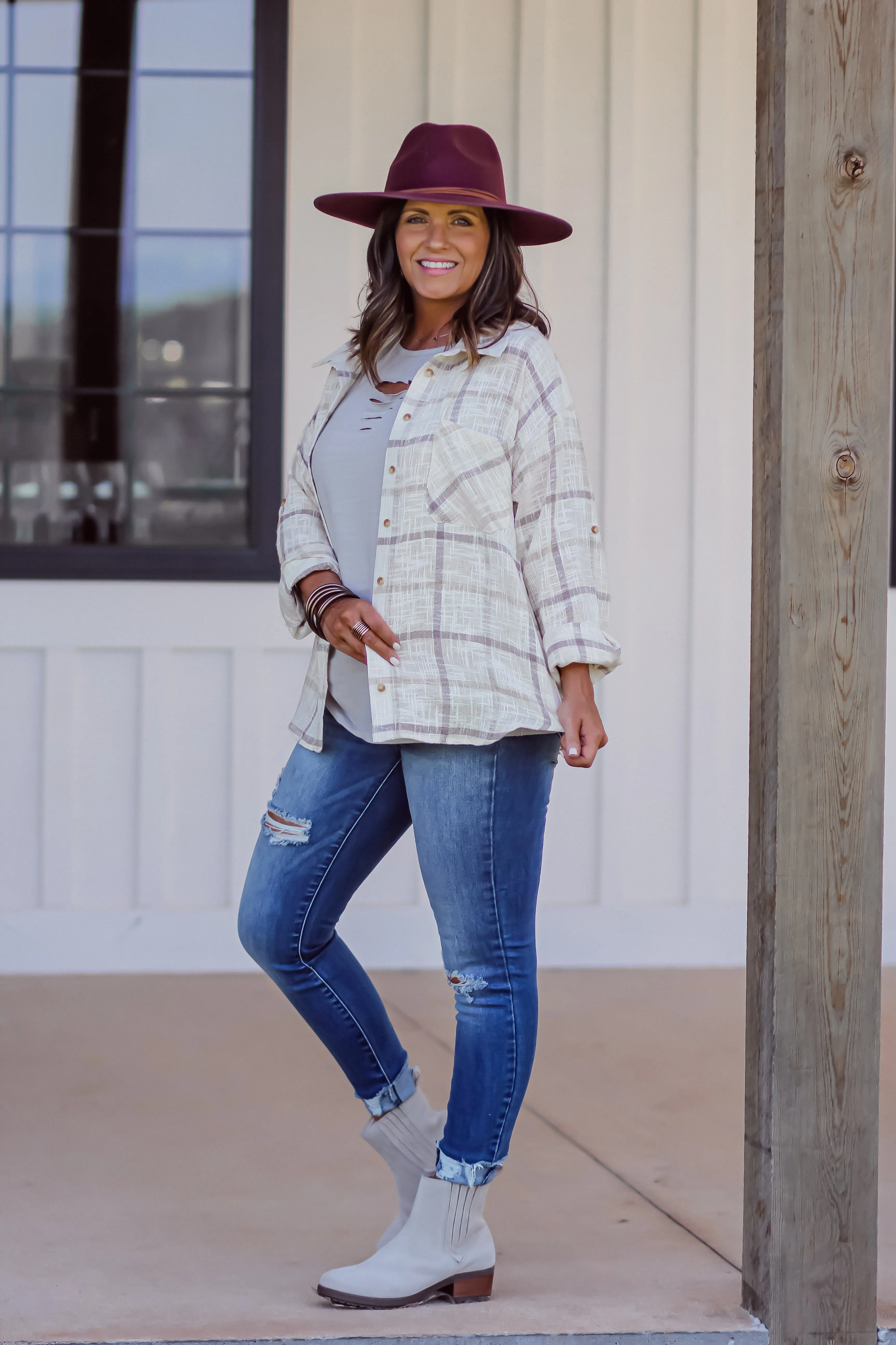 Cream & Mocha Plaid Button Down Top