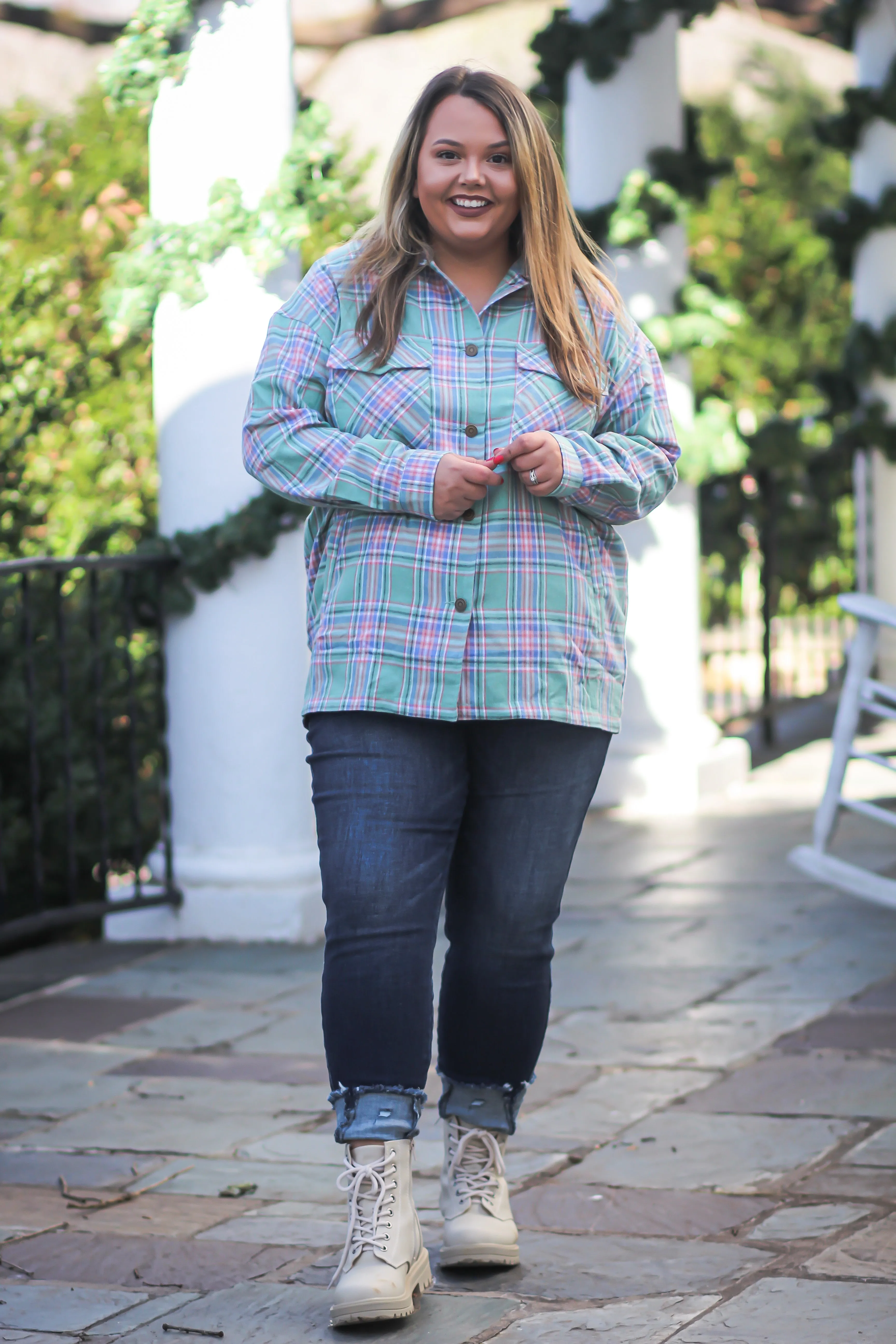 Curvy Sage Plaid Front Pocket Button Down Flannel