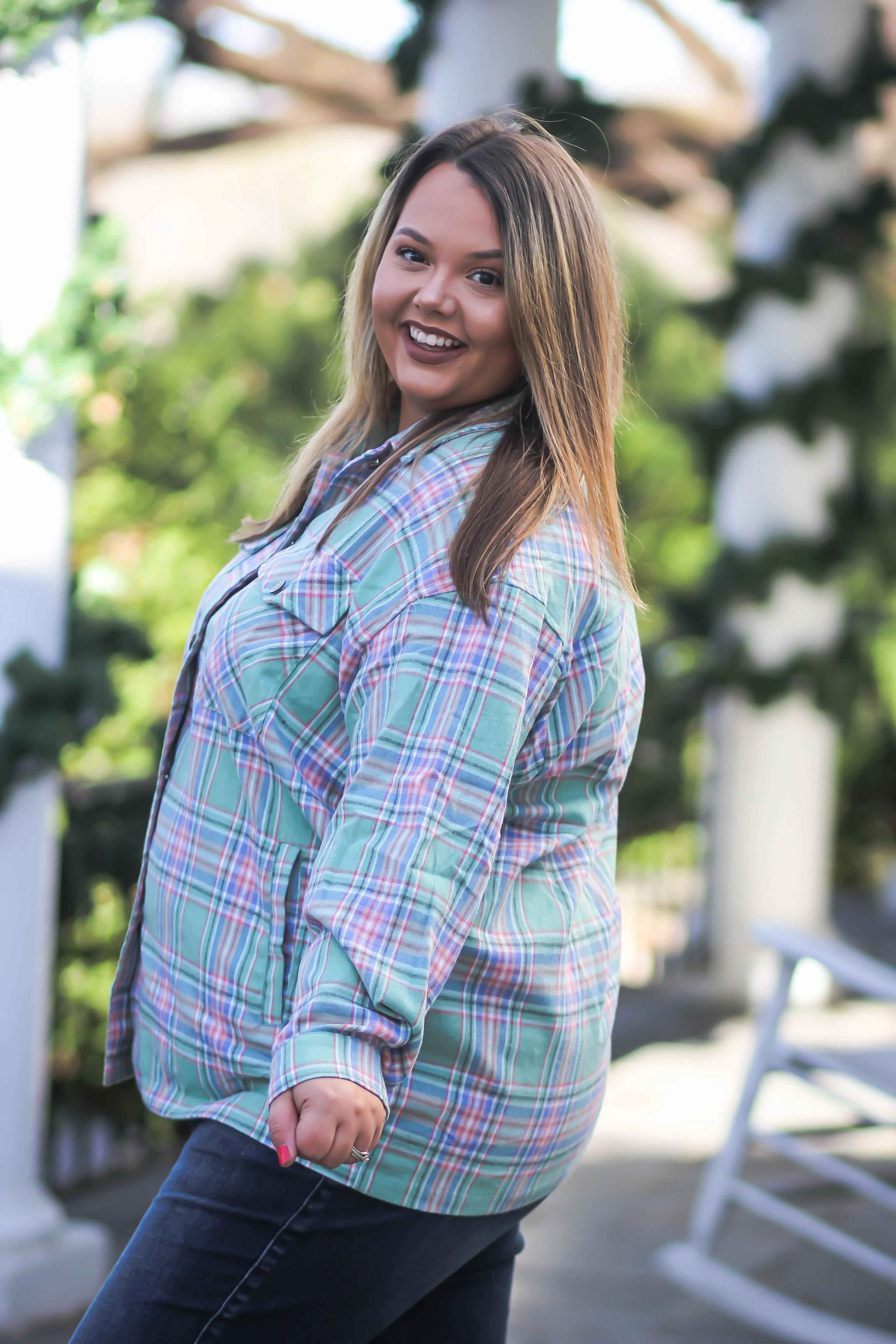 Curvy Sage Plaid Front Pocket Button Down Flannel