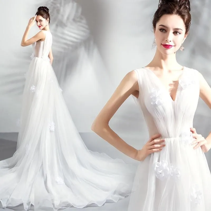 Fairy V-neck Wedding Dresses with Chapel Train