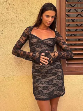 Floral Lace Overlay Fitted Flared Sleeve MinI Dress