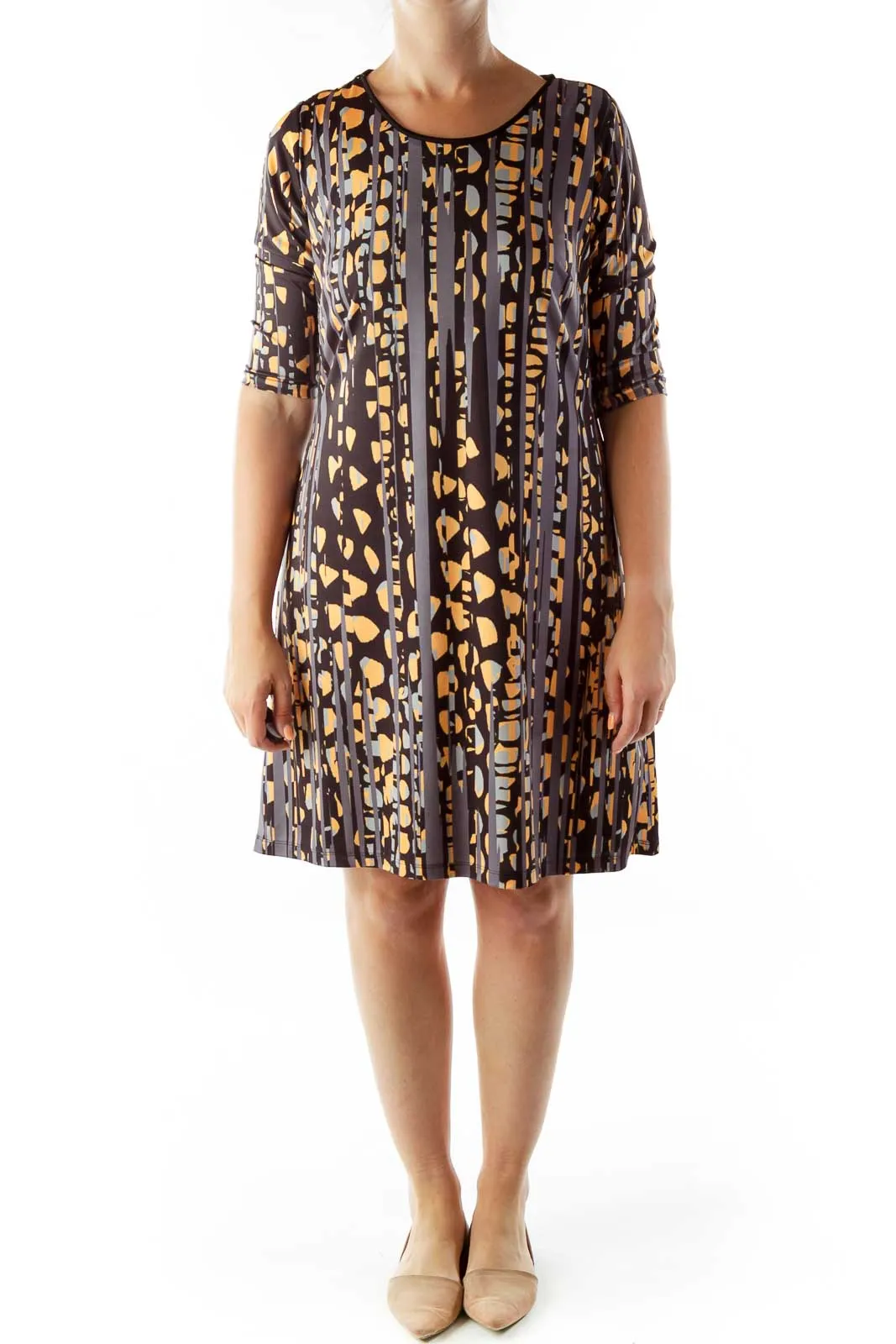 Gray Orange Printed Shift Dress