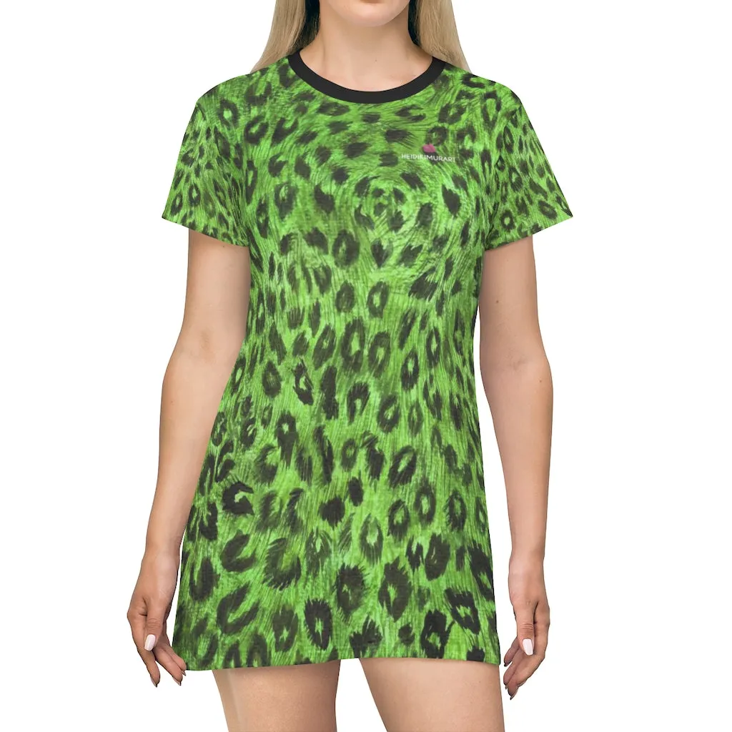 Green Leopard Print T-Shirt Dress, Leopard Animal Print Crewneck Dress For Ladies - Made in USA