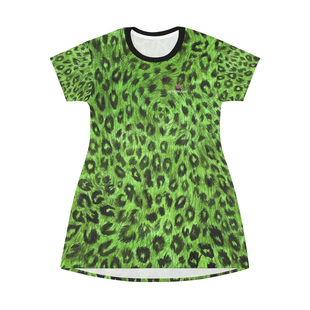 Green Leopard Print T-Shirt Dress, Leopard Animal Print Crewneck Dress For Ladies - Made in USA