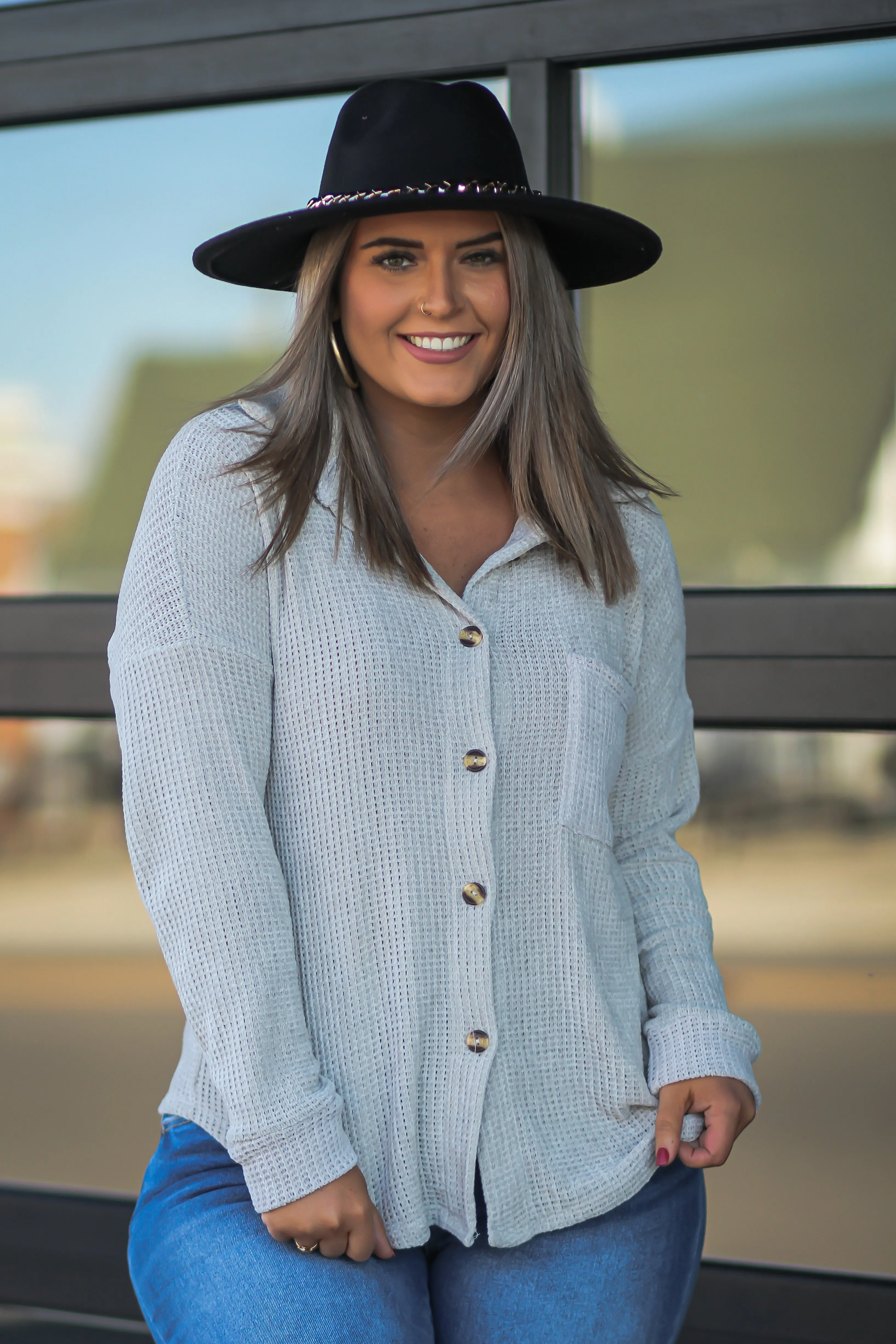 Light Grey Chenille Button Down Front Pocket Top