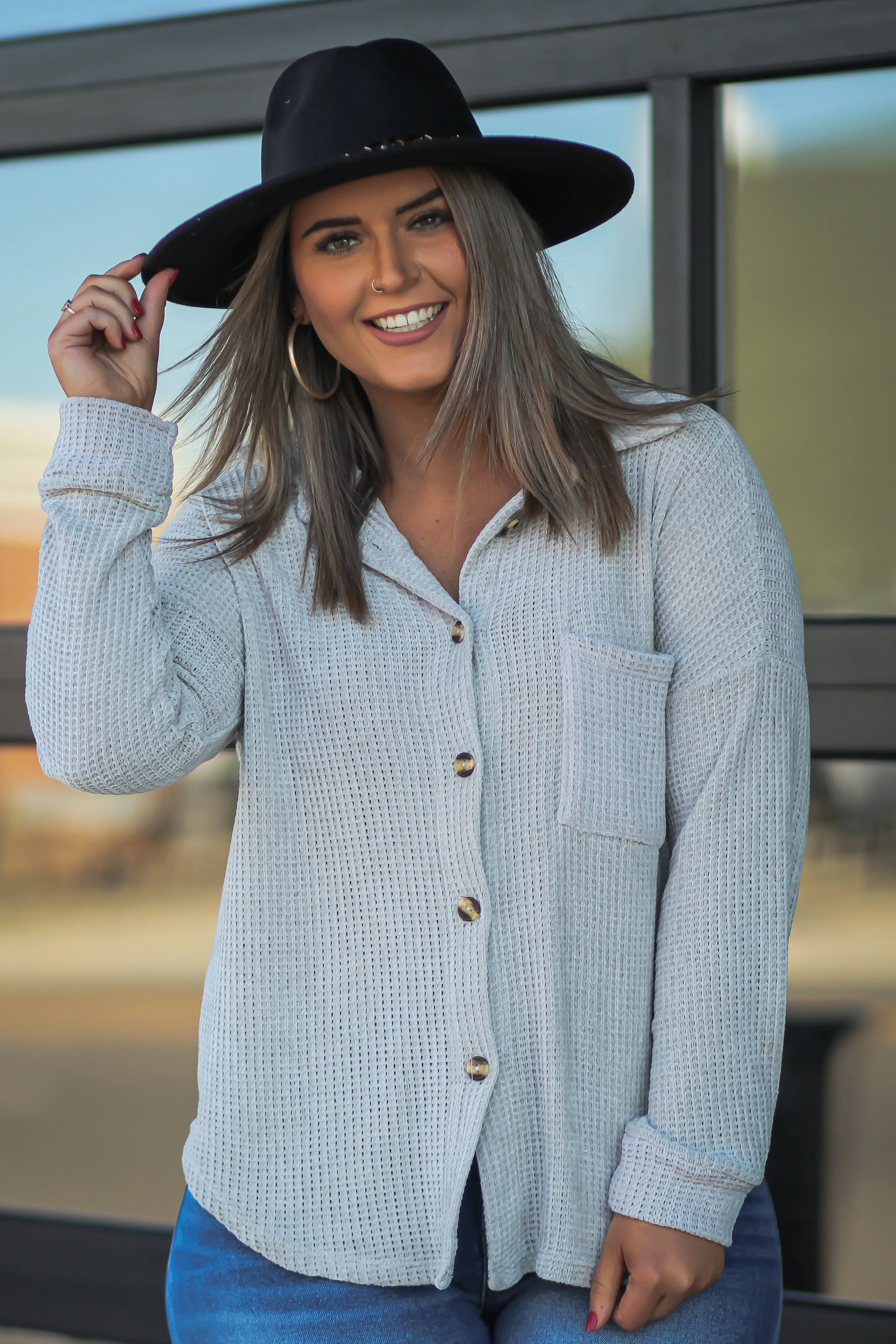 Light Grey Chenille Button Down Front Pocket Top