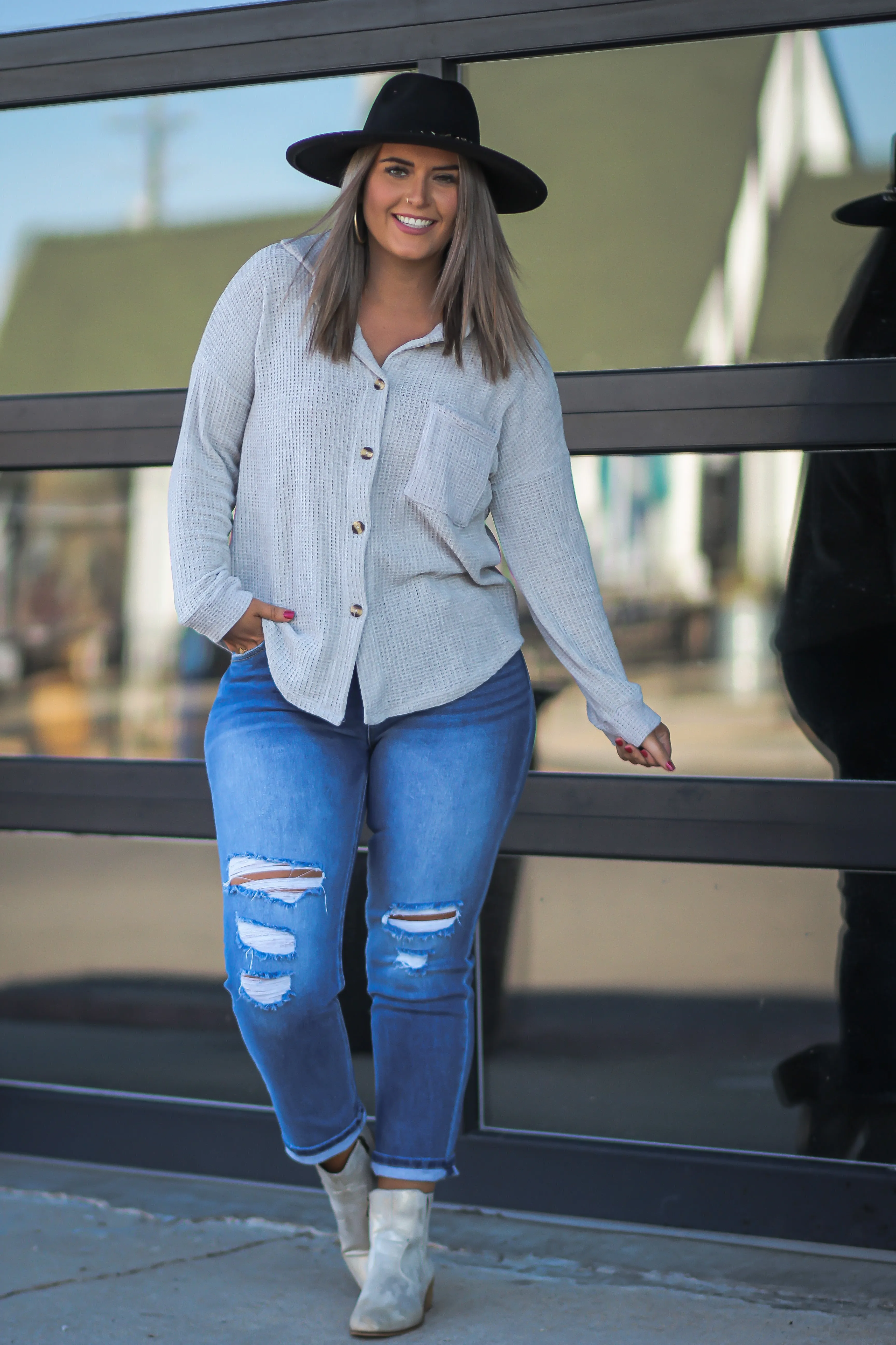 Light Grey Chenille Button Down Front Pocket Top