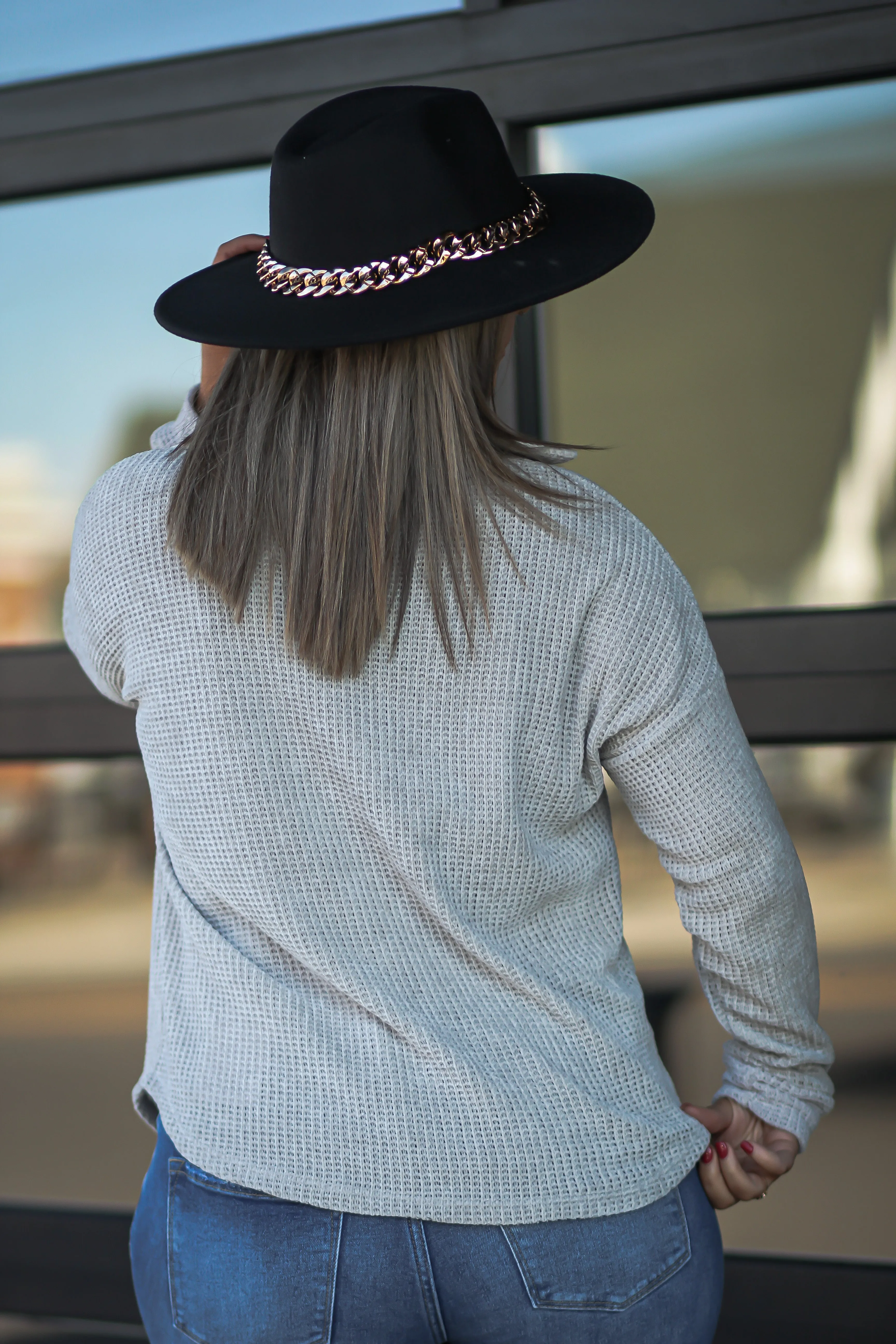 Light Grey Chenille Button Down Front Pocket Top