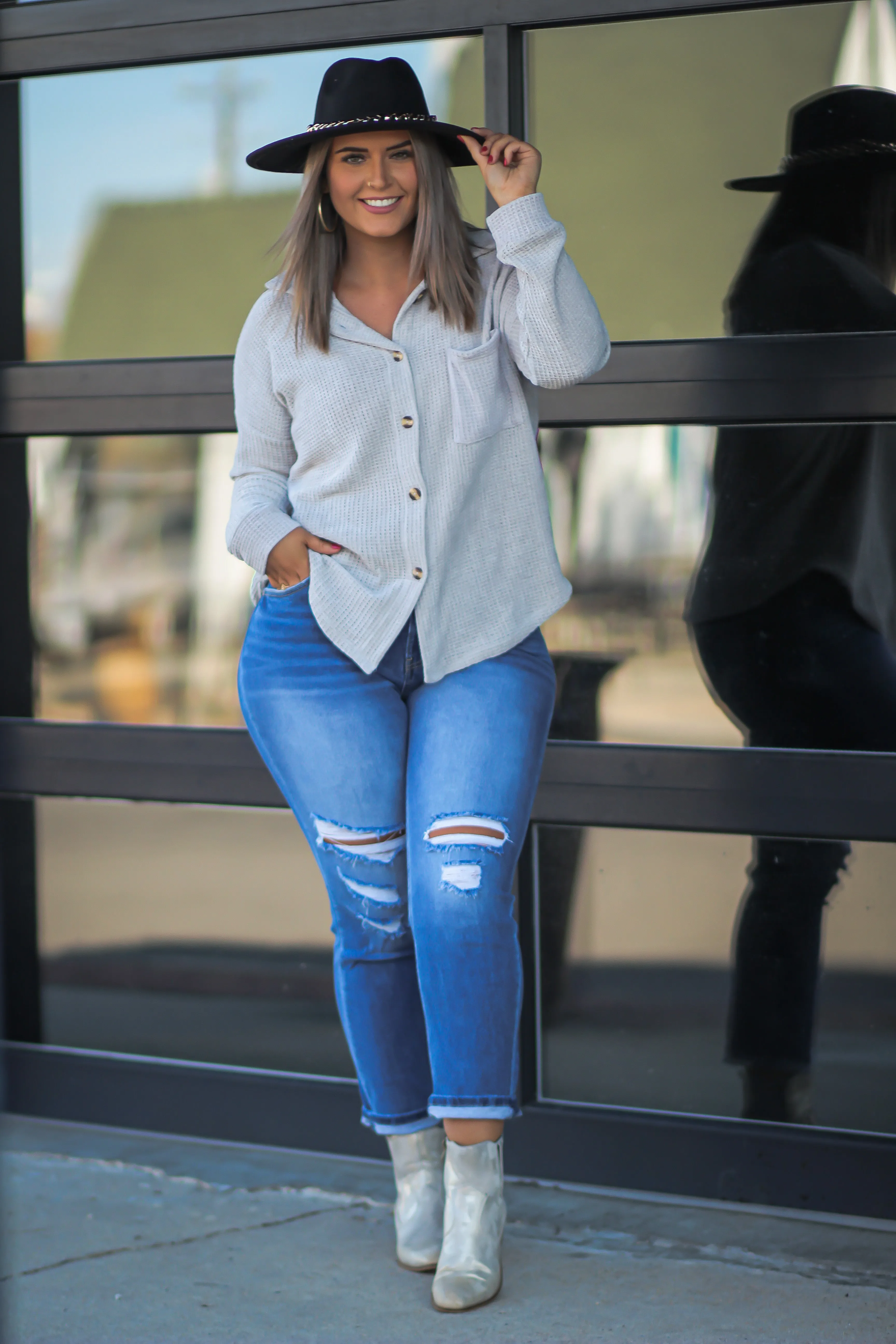Light Grey Chenille Button Down Front Pocket Top