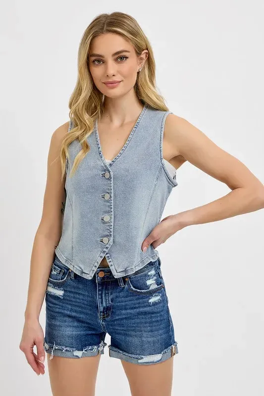 Light Wash Denim V-Neck Button-Down Vest – Stretch Sleeveless Jean Top