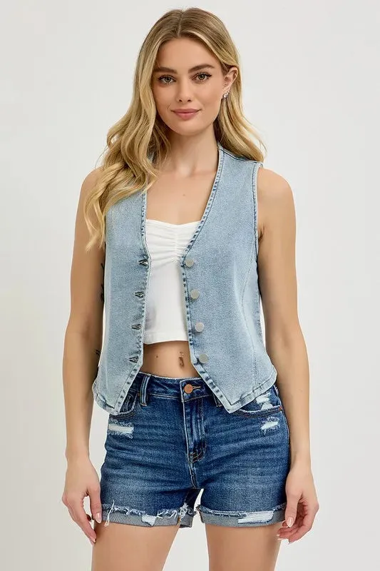 Light Wash Denim V-Neck Button-Down Vest – Stretch Sleeveless Jean Top