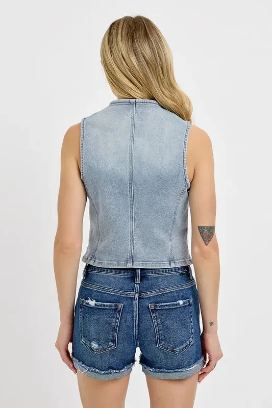 Light Wash Denim V-Neck Button-Down Vest – Stretch Sleeveless Jean Top